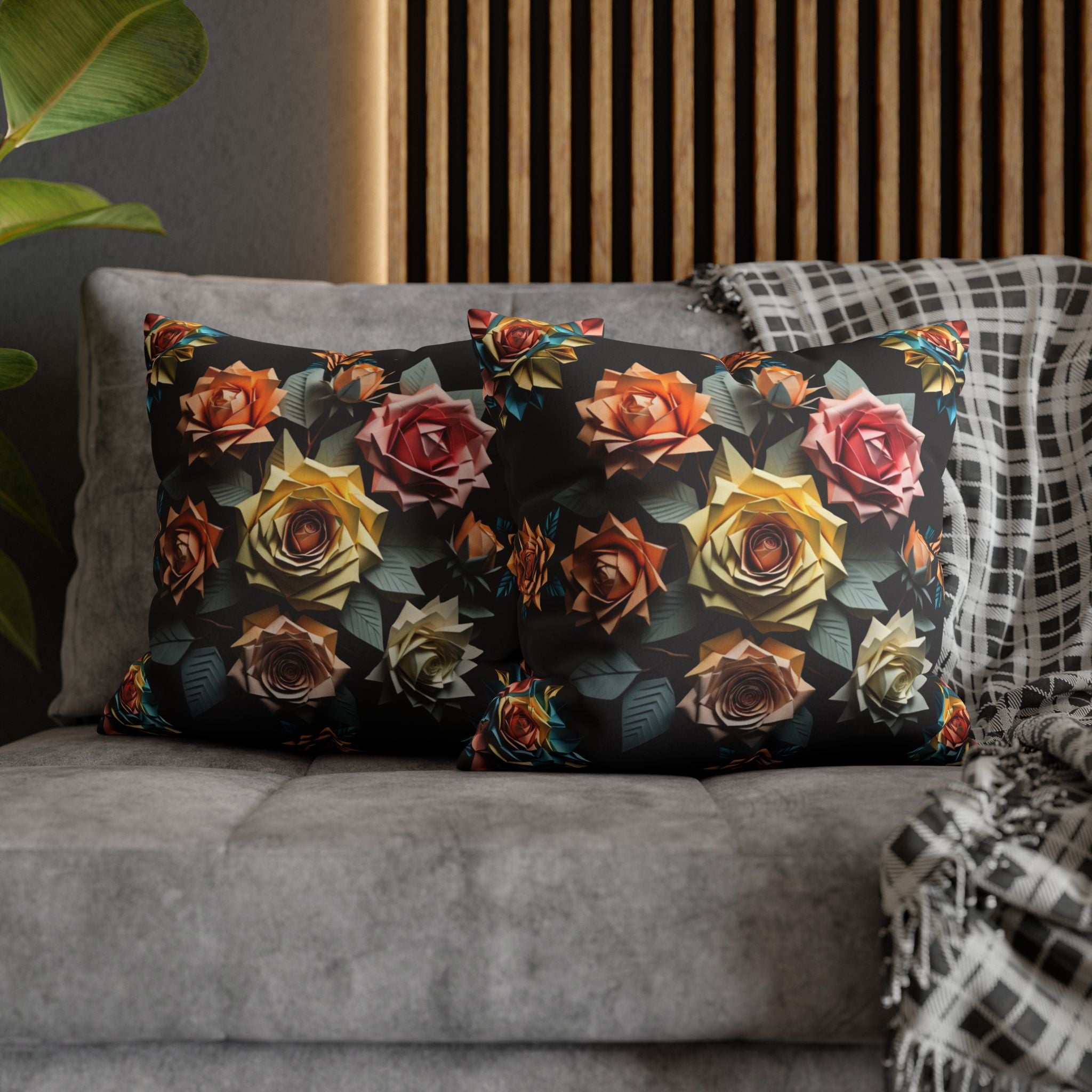 Gothic Origami Rose Throw Pillow — Dark Floral Botanical Home Decor