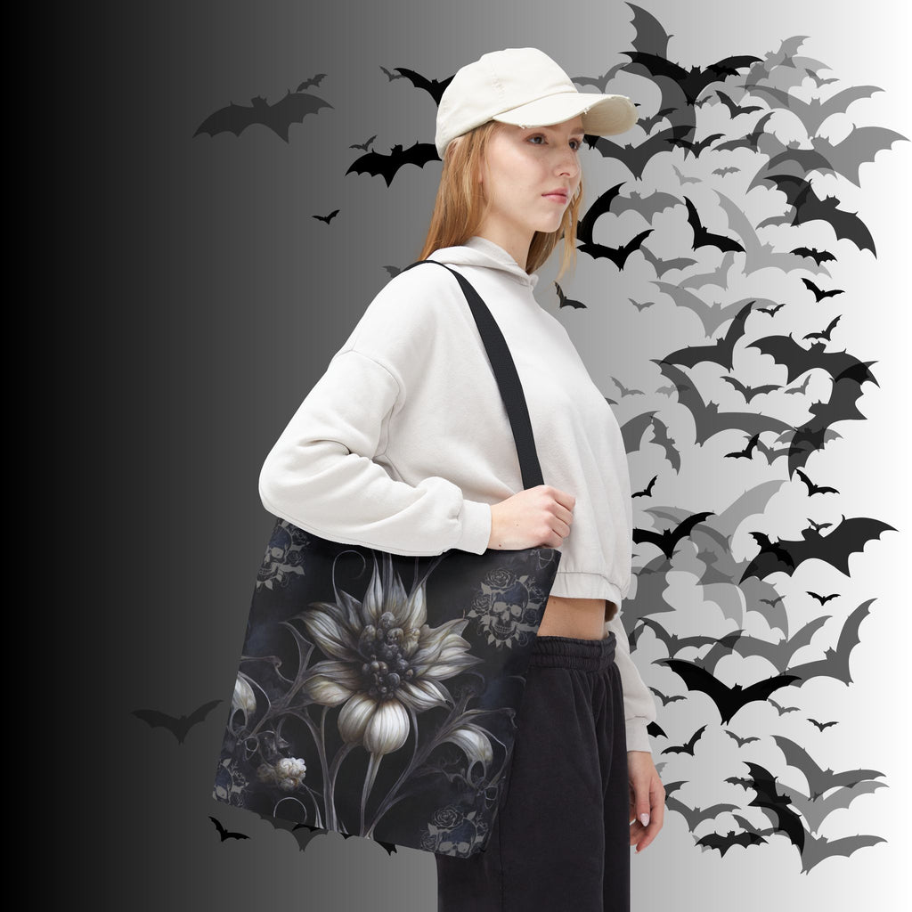 Gothic Botanical Skull Tote Bag — Dark Floral All-Over Print
