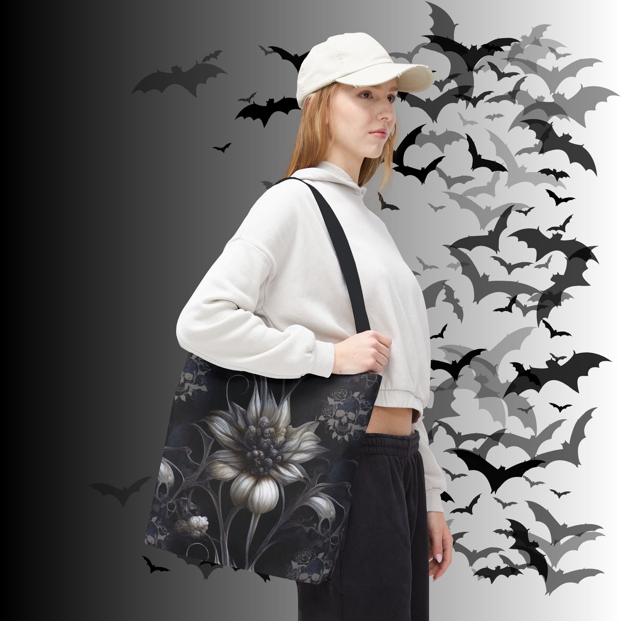 Gothic Botanical Skull Tote Bag — Dark Floral All-Over Print