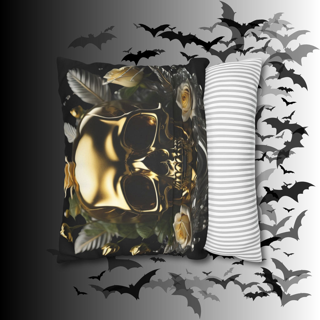 Gold Skull Botanical Throw Pillow — Dark Floral Gothic Home Decor