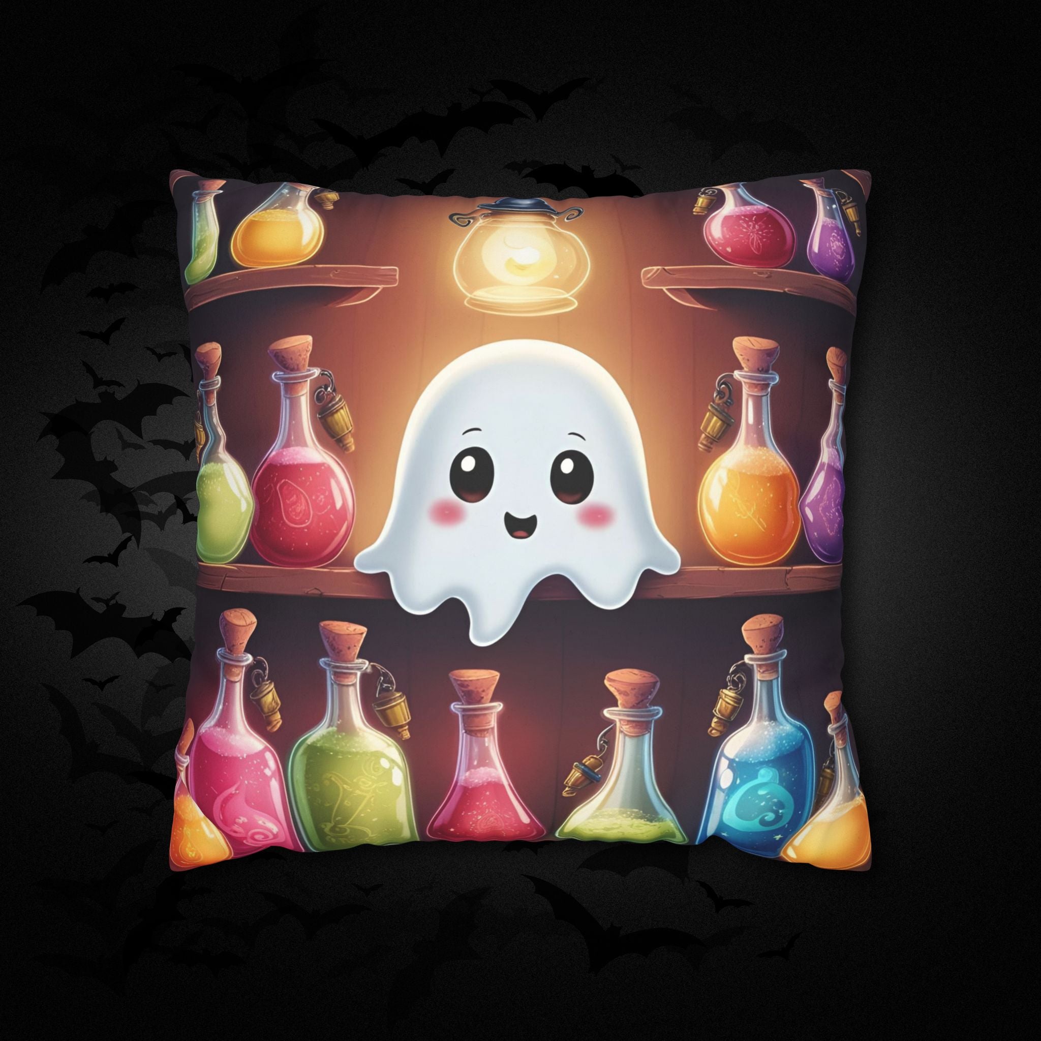 Apothecary Ghost Throw Pillow — Whimsigoth Potion Shelf Dark Home Decor