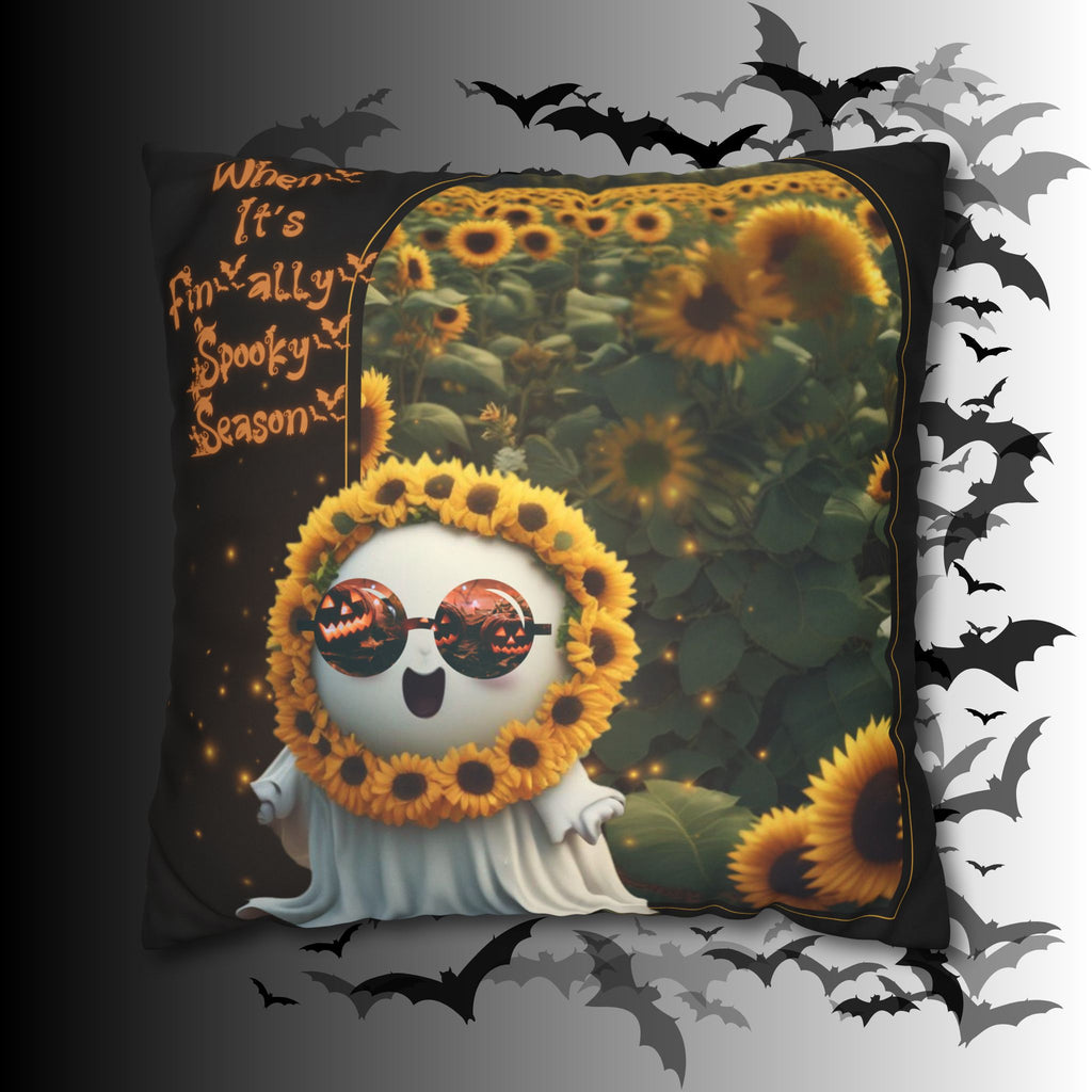 Spooky Season Ghost Sunflower Throw Pillow — Halloween Dark Home Decor