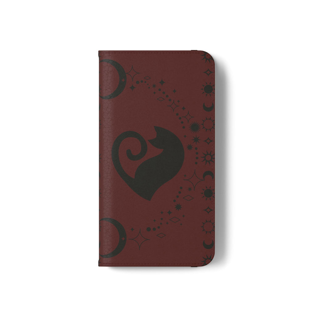 Dark Academia Celestial Black Cat Flip Wallet Case for iPhone and Samsung Galaxy Phones
