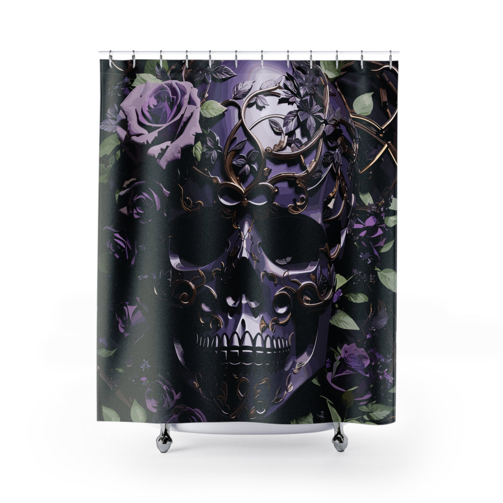 Gothic Purple Skull Shower Curtain — Dark Floral Rose Bathroom Decor