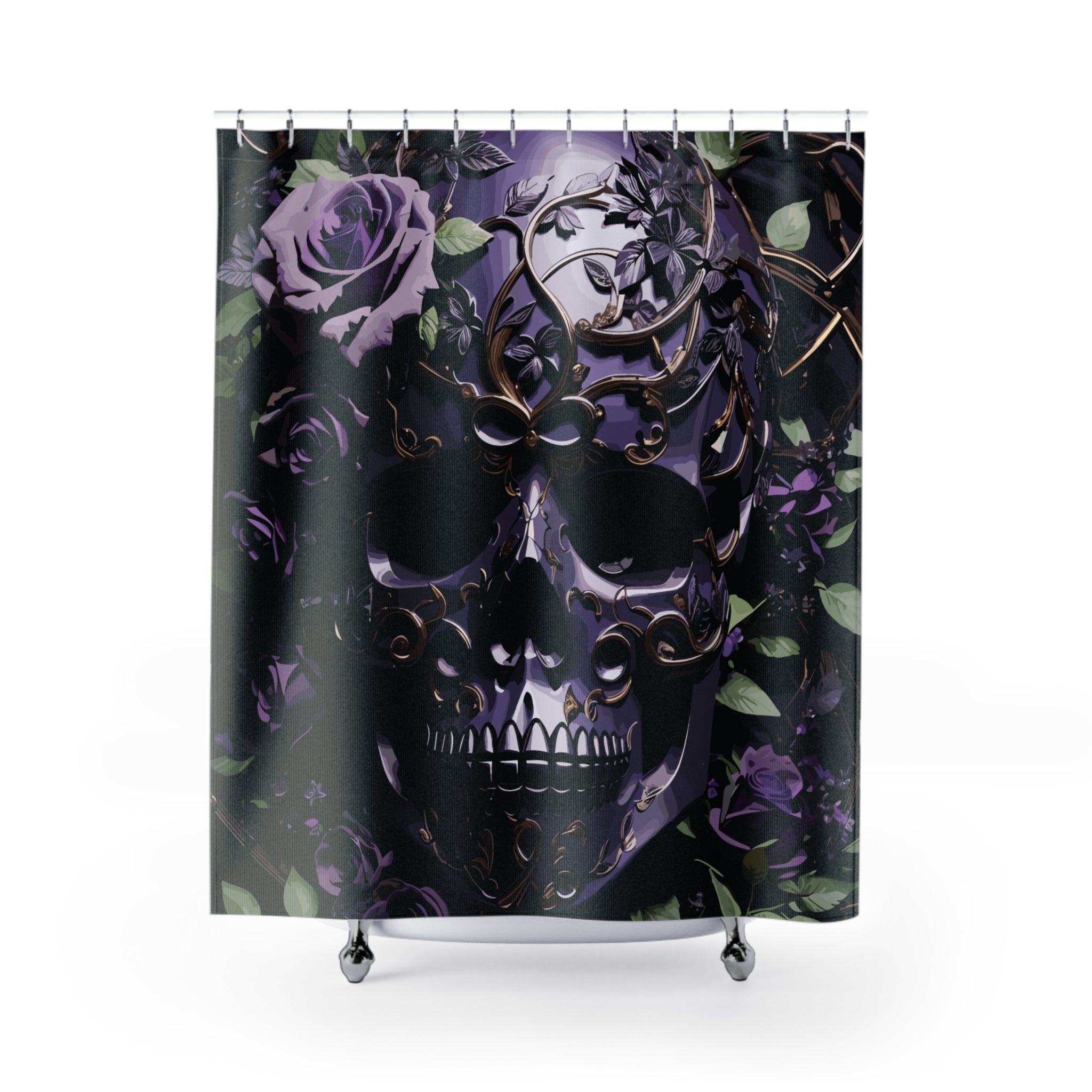 Gothic Purple Skull Shower Curtain — Dark Floral Rose Bathroom Decor