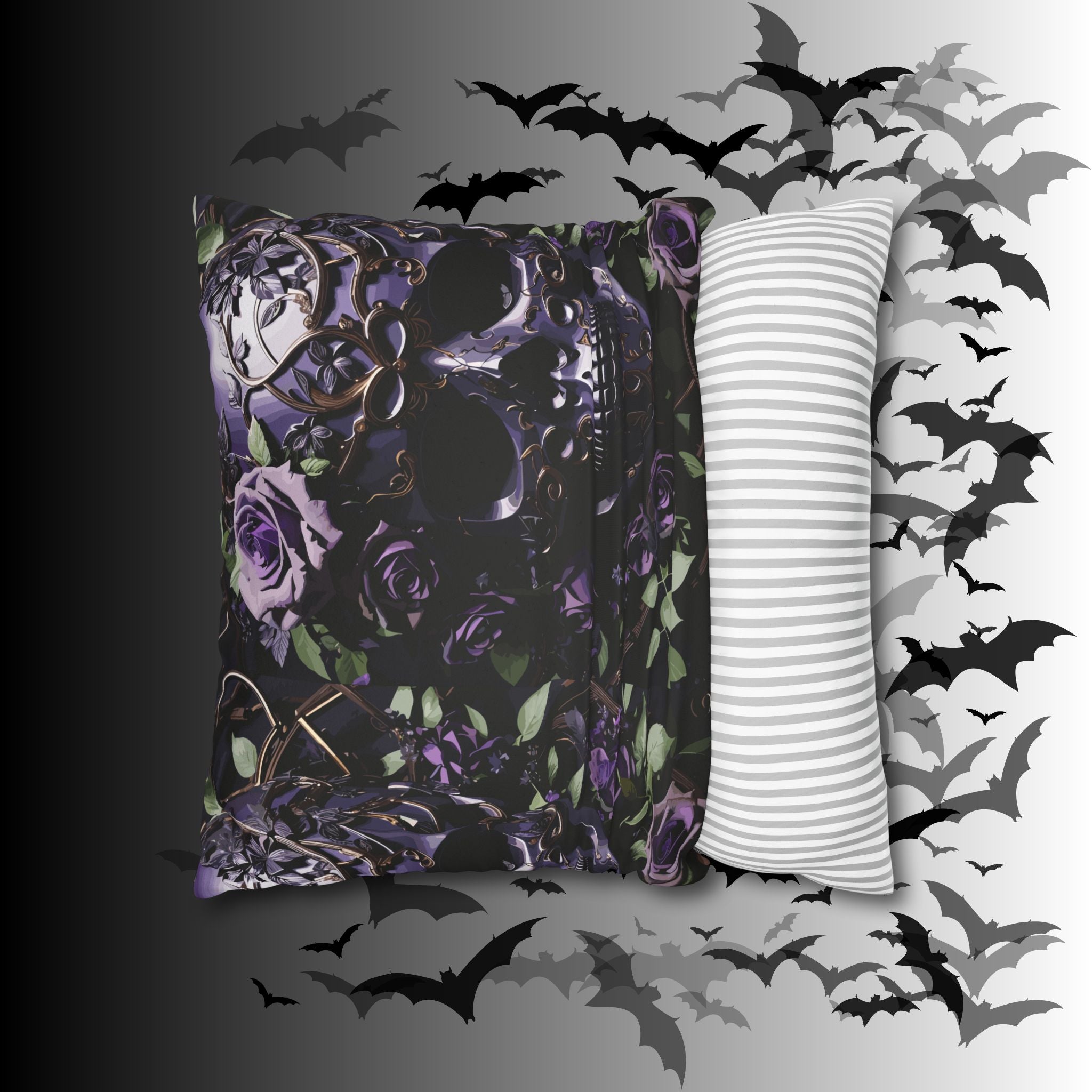 Gothic Black Purple Skull Throw Pillow — Dark Floral Botanical Home Decor