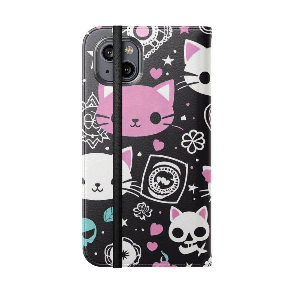Pastel Goth Cat Flip Wallet Phone Case - Goth Cat Wallet Case for Samsung iPhone - Gothic Style Cats Wallet Phone Cases