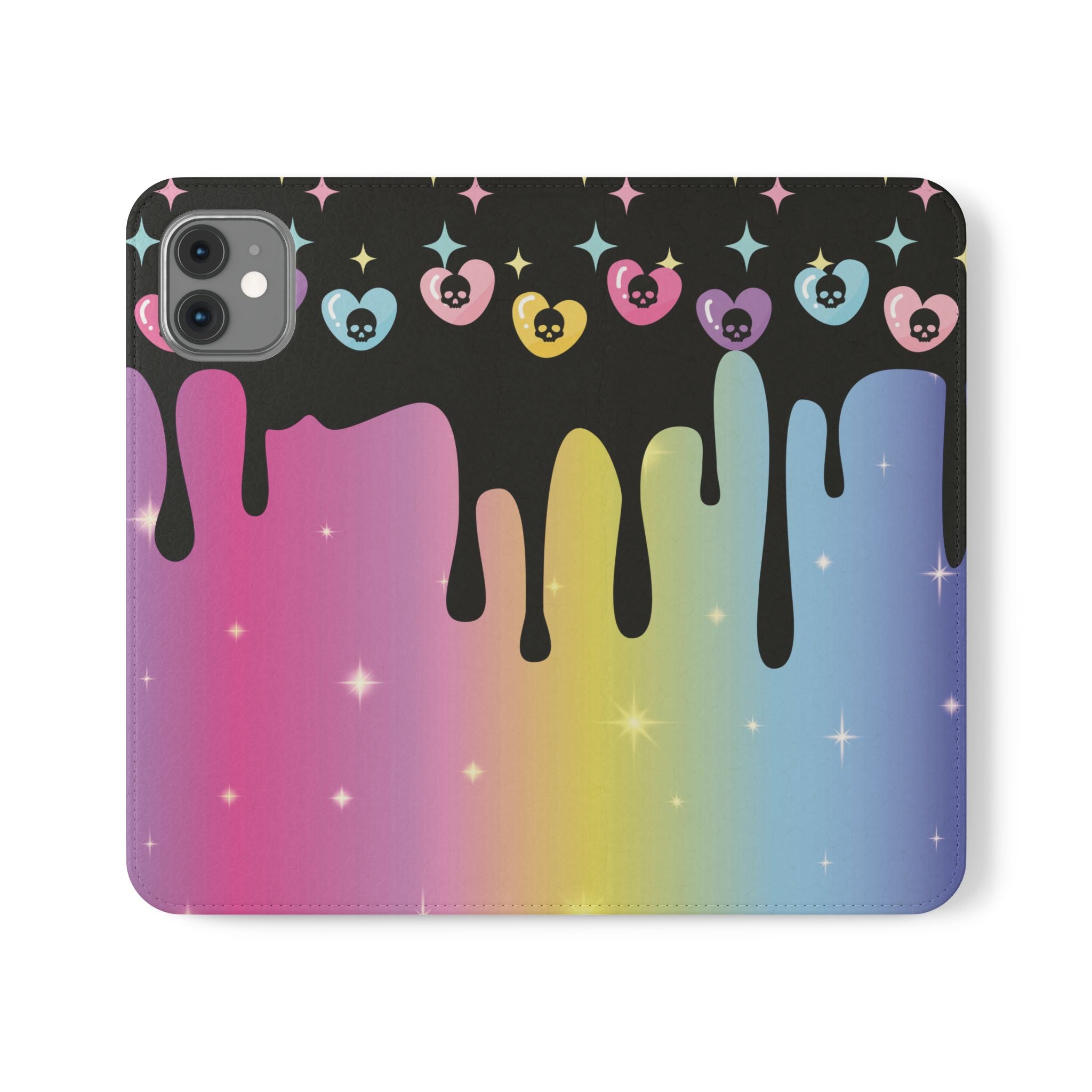 Pastel Goth Drippy Rainbow Skulls Flip Wallet Phone Case - Wallet Case for Samsung and iPhone - Gothic Style Wallet Phone Cases