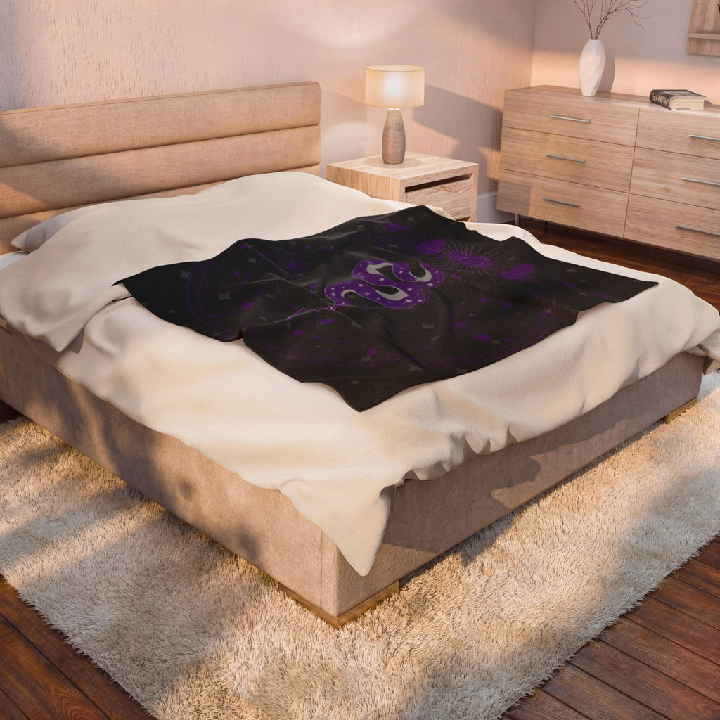 Gothic Celestial Snake Moon Phase Throw Blanket — Purple & Black Witchy Decor