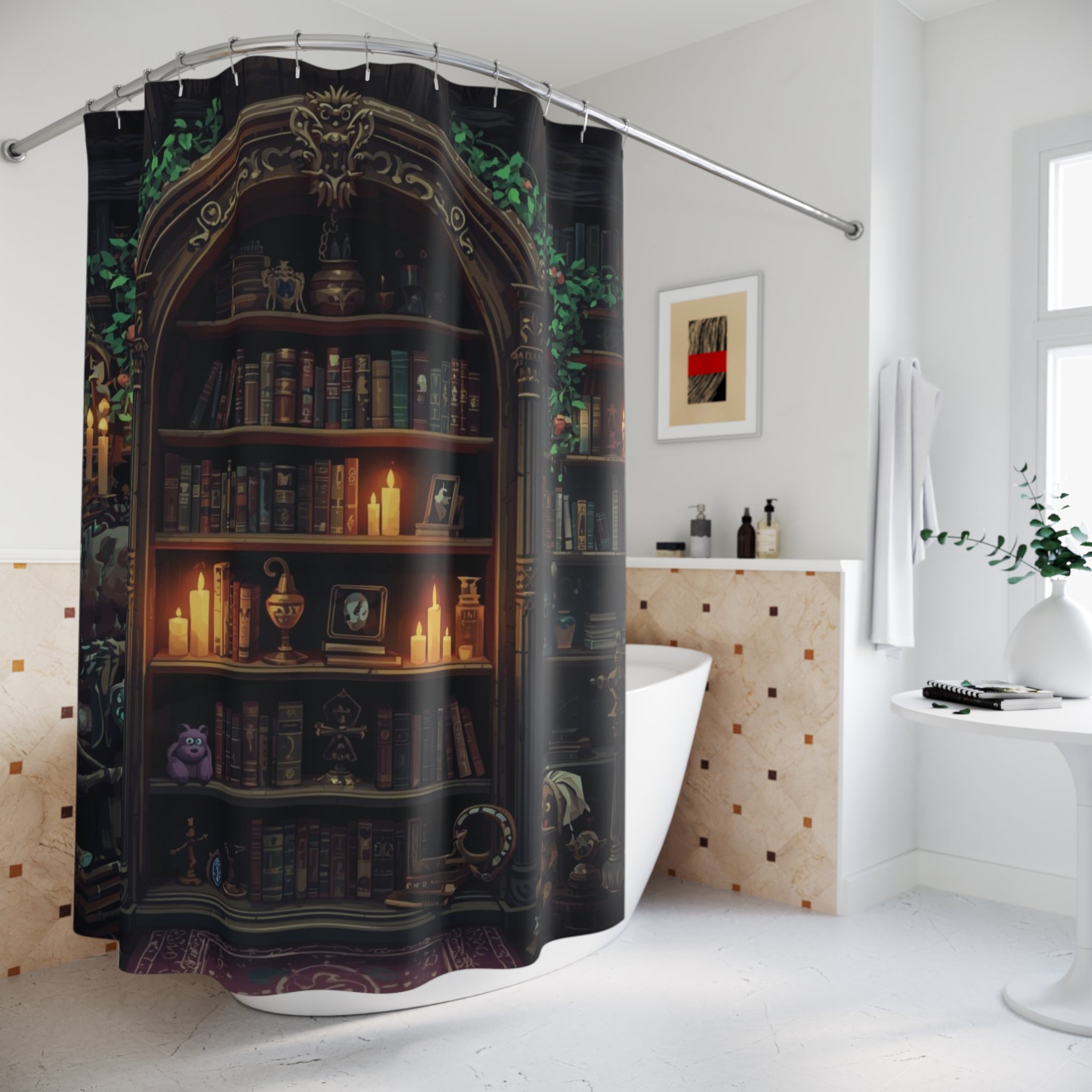 Whimsical Bookcase Shower Curtain — Dark Fantasy Library Bathroom Decor
