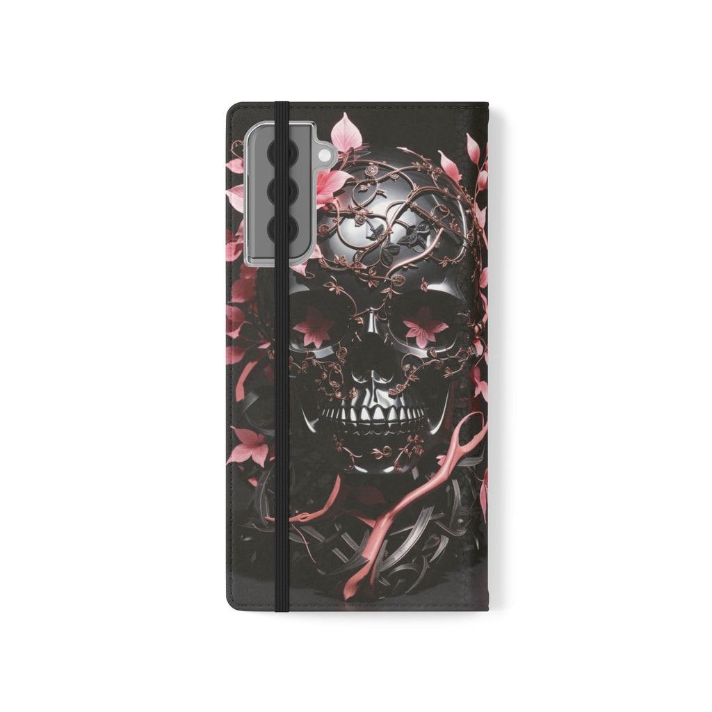Pink Pastel Goth Skull Flip Wallet Phone Case - Skull Wallet Case for Samsung iPhone - Gothic Style Skull Wallet Phone Cases