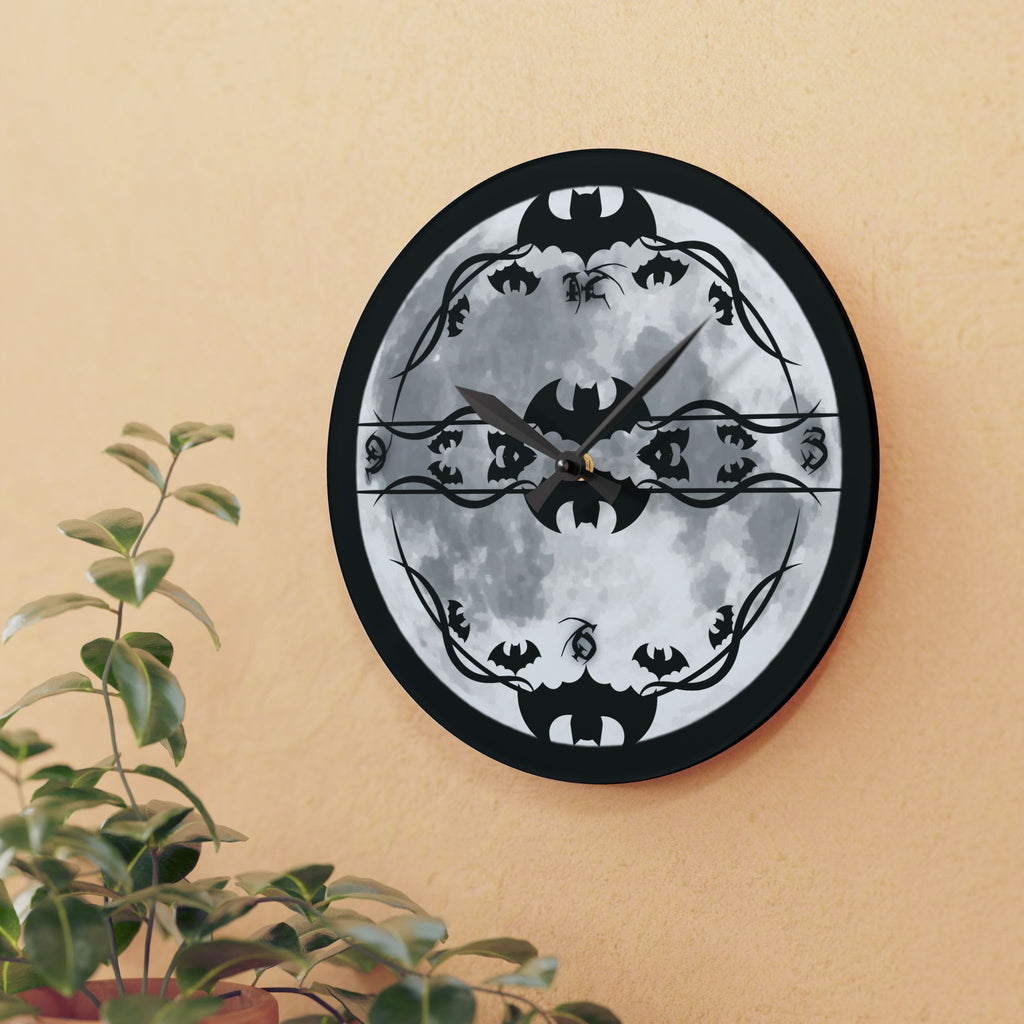 Gothic Bats Full Moon Wall Clock — Halloween Acrylic Art Print Home Decor