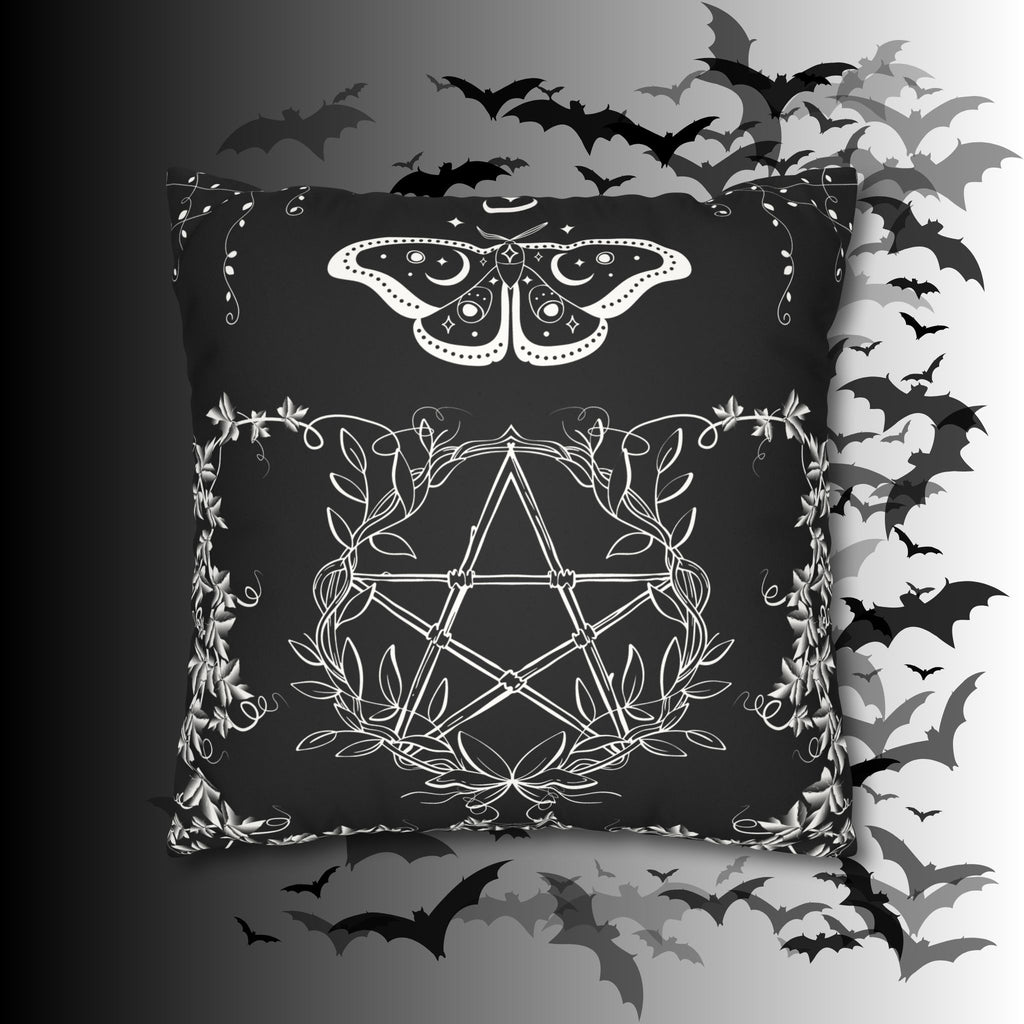 Witchy Moth Pentagram Throw Pillow — Botanical Gothic Dark Home Decor