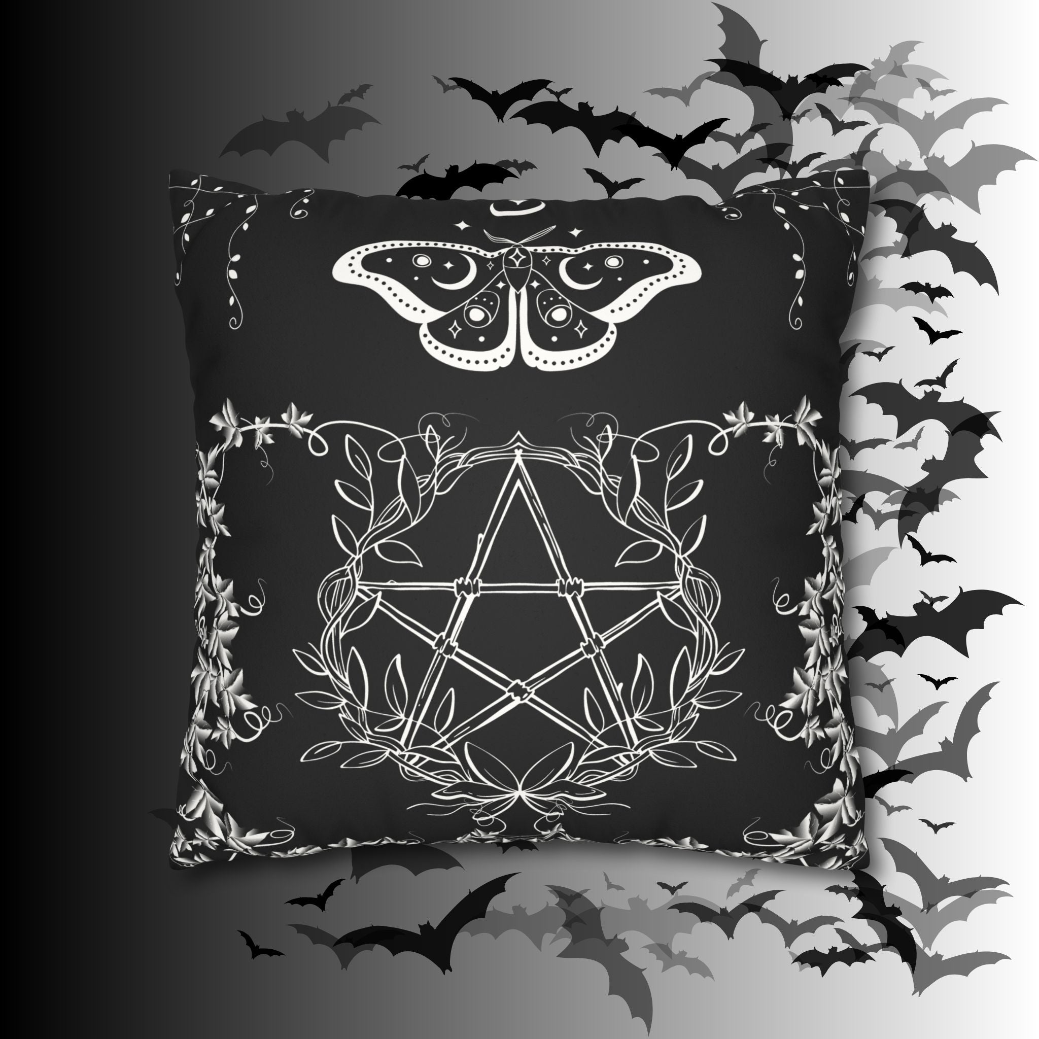 Witchy Moth Pentagram Throw Pillow — Botanical Gothic Dark Home Decor
