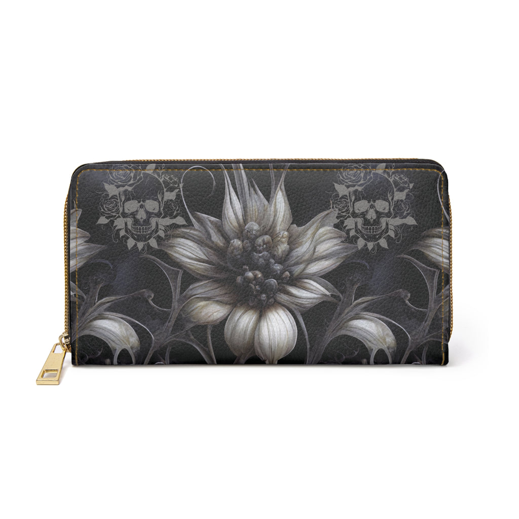Gothic Botanical Dahlia Skull Wallet | Dark Floral Faux Leather Zipper Clutch