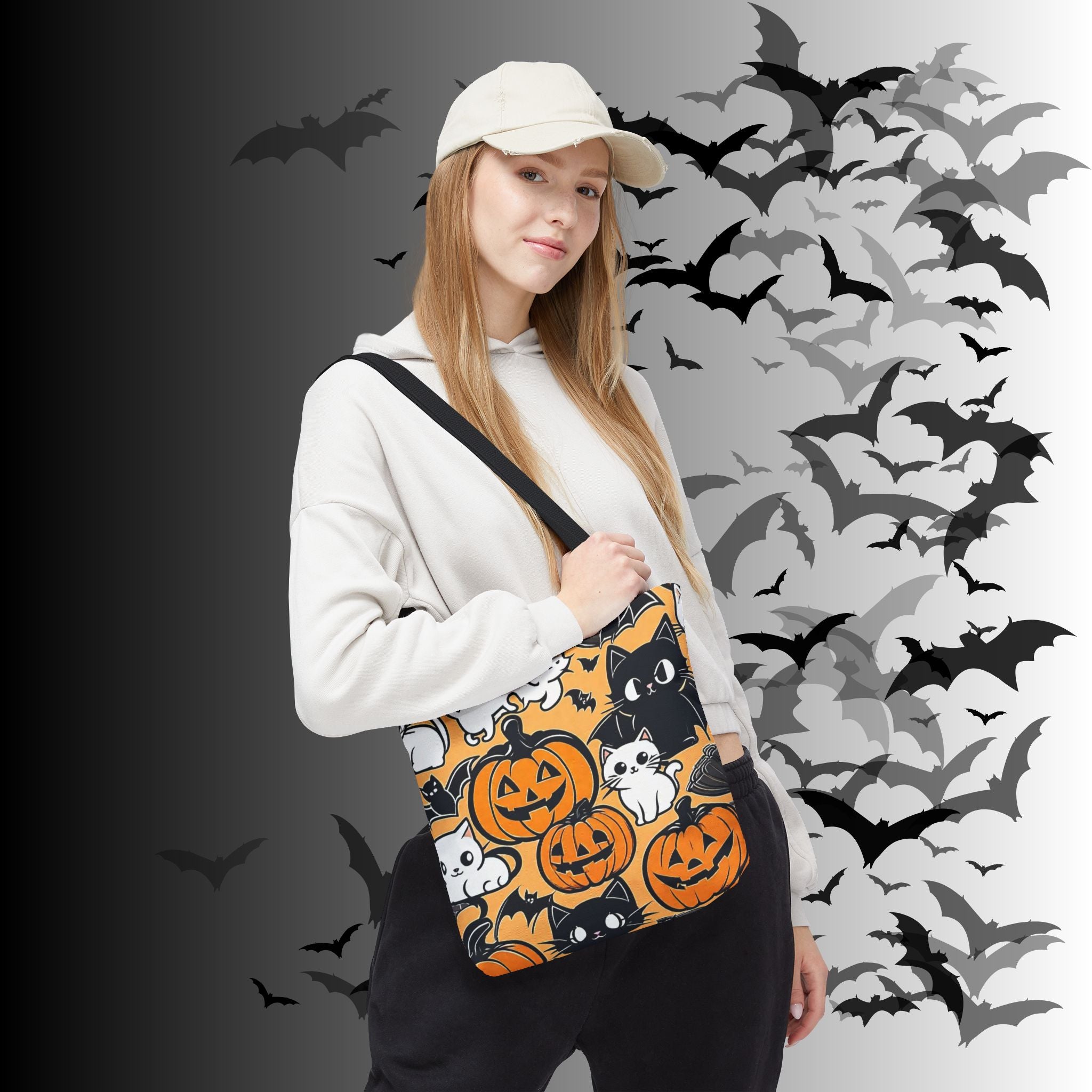Kawaii Halloween Cat & Pumpkin Tote Bag — Spooky Cute Pattern