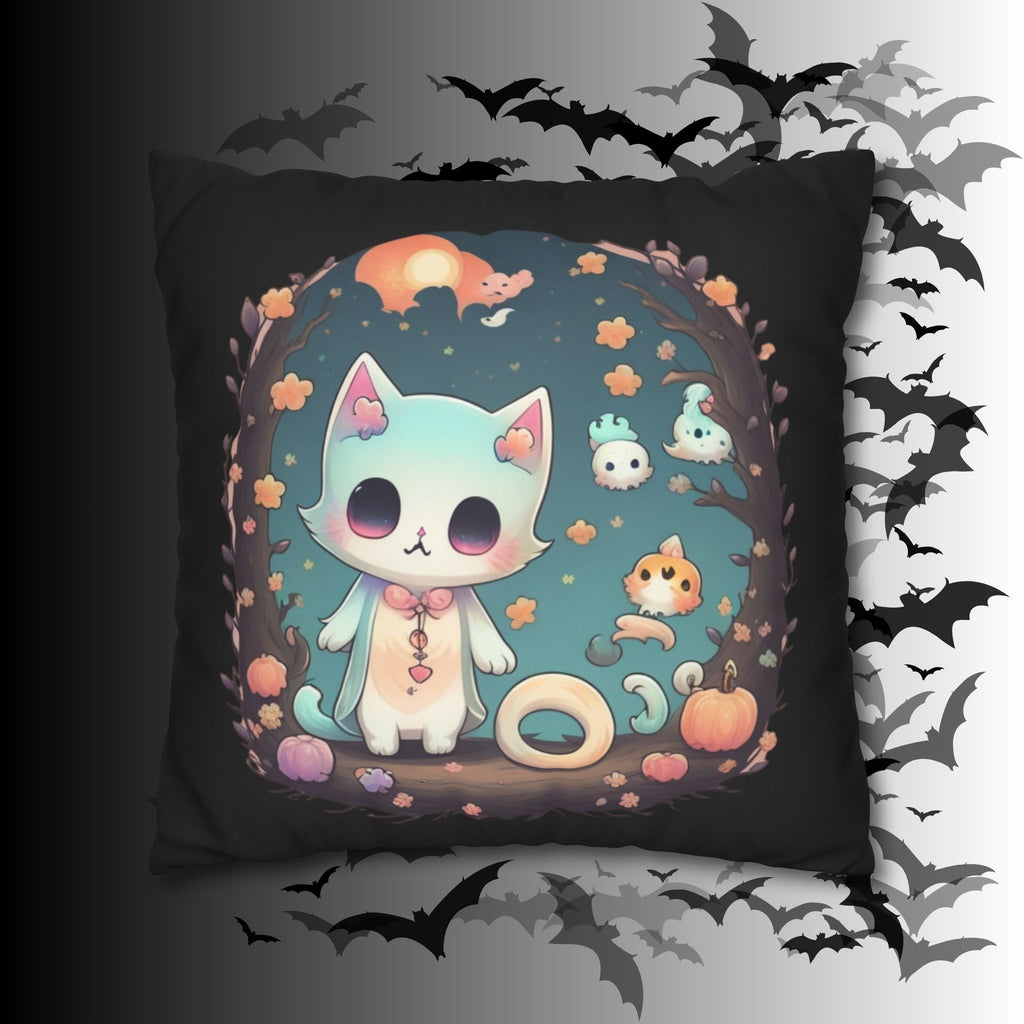 Creepy Cute Pastel Goth Cat Throw Pillow — Kawaii Halloween Dark Home Decor