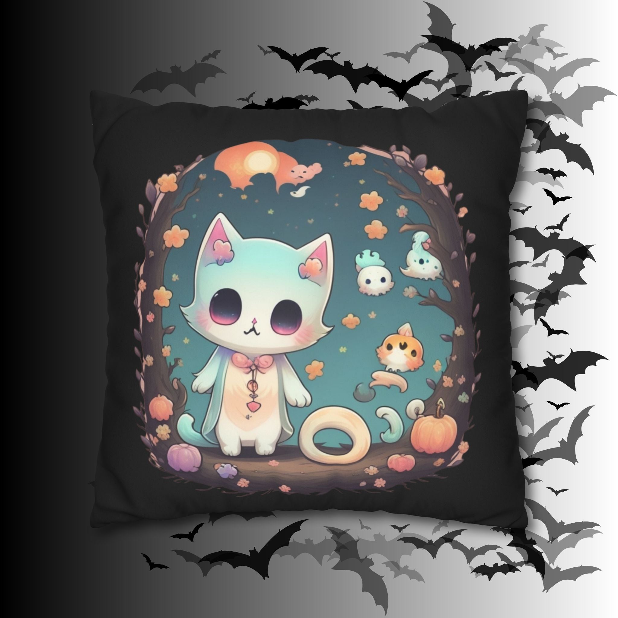 Creepy Cute Pastel Goth Cat Throw Pillow — Kawaii Halloween Dark Home Decor
