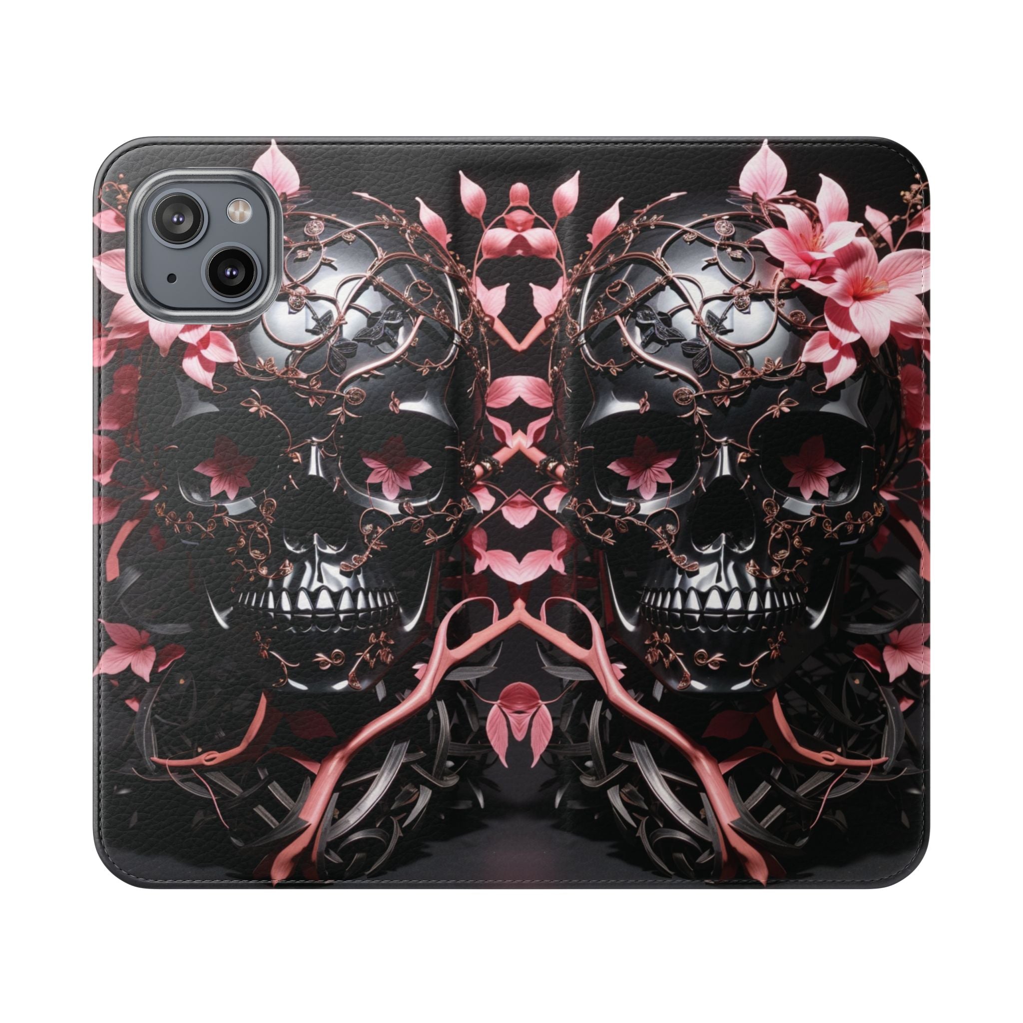 Pink Pastel Goth Skull Flip Wallet Phone Case - Skull Wallet Case for Samsung iPhone - Gothic Style Skull Wallet Phone Cases