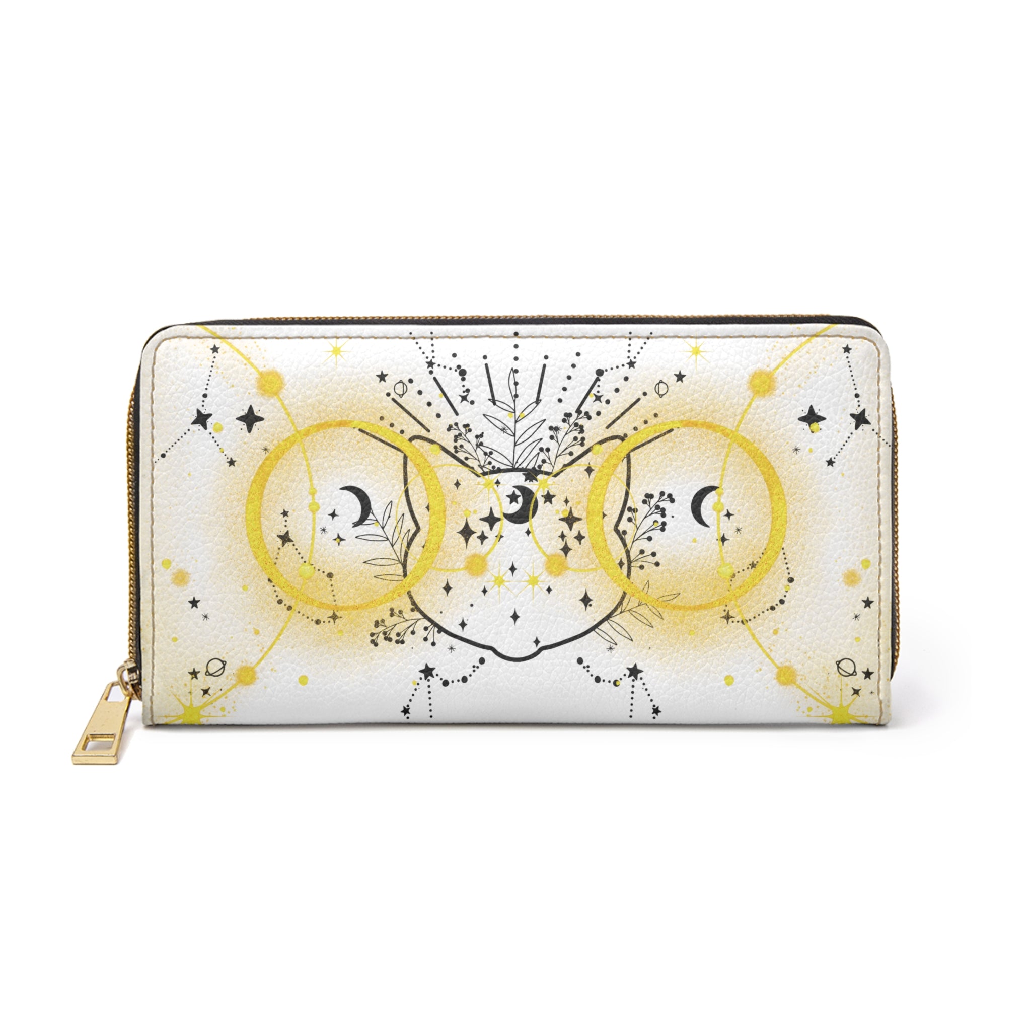 Celestial Cat Face Constellation Wallet | Witchy Faux Leather Zipper Clutch