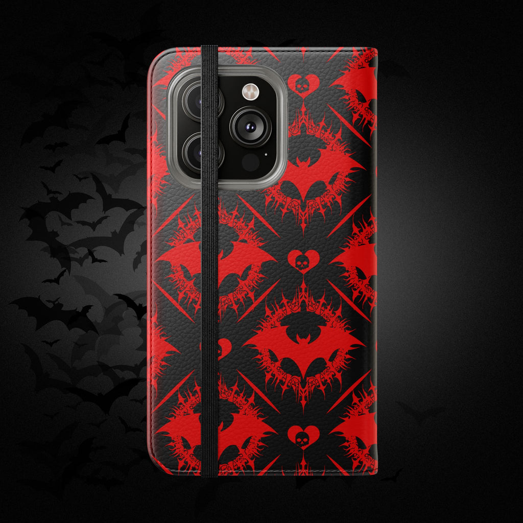 Gothic Bat Wallet Flip Case - Elegant Goth Phone Wallet - Bat Pattern Flip Case - Gothic Phone Case - Stylish Wallet Phone Case