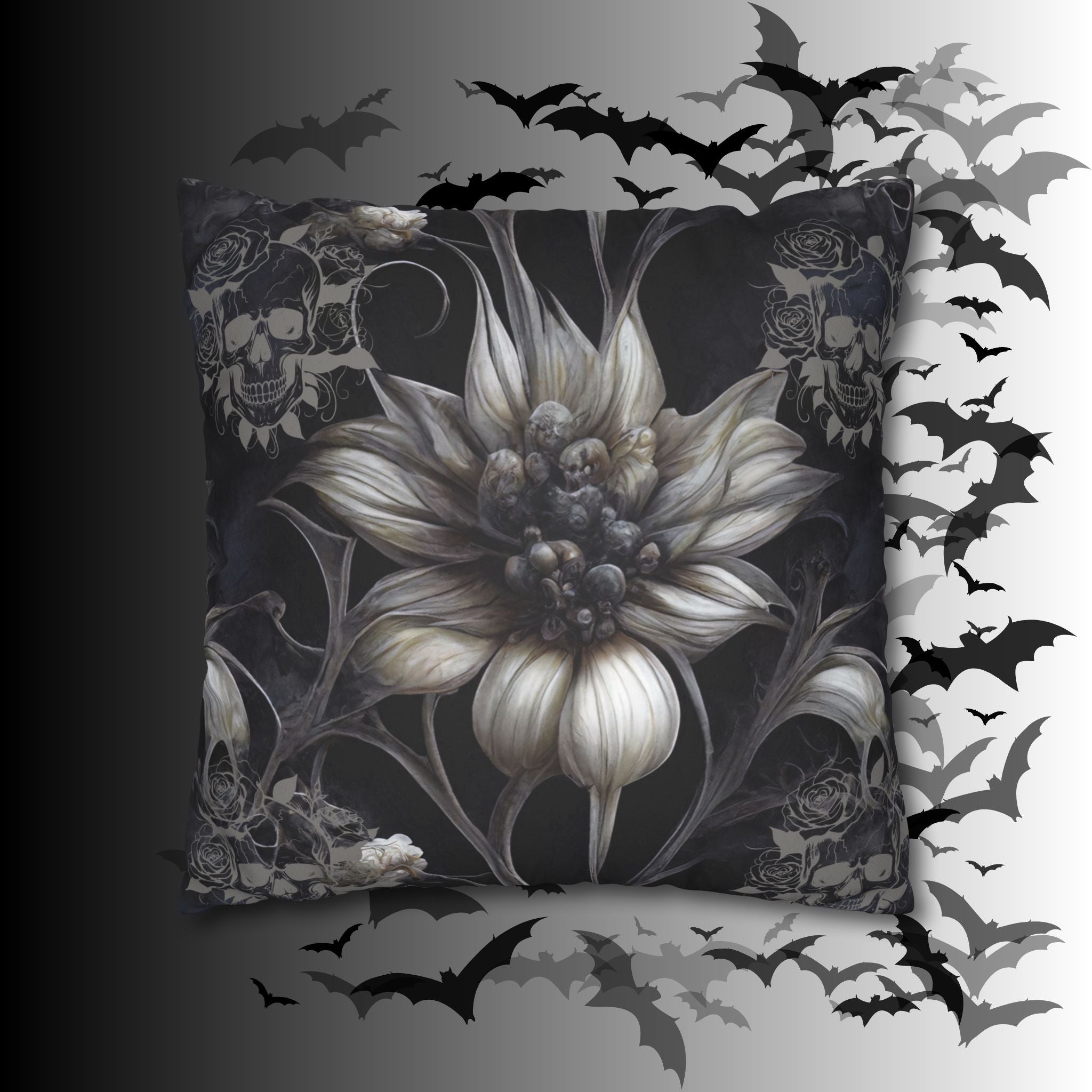 Gothic Skull Botanical Sunflower Throw Pillow — Dark Floral Home Decor