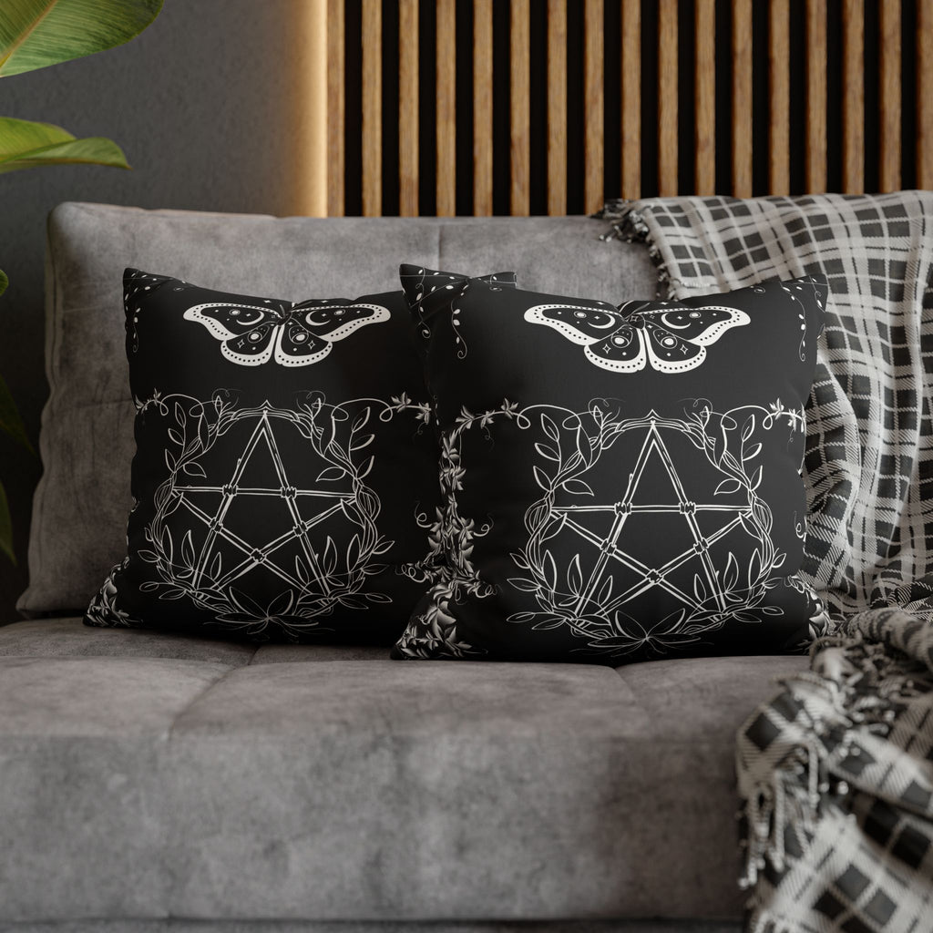 Witchy Moth Pentagram Throw Pillow — Botanical Gothic Dark Home Decor