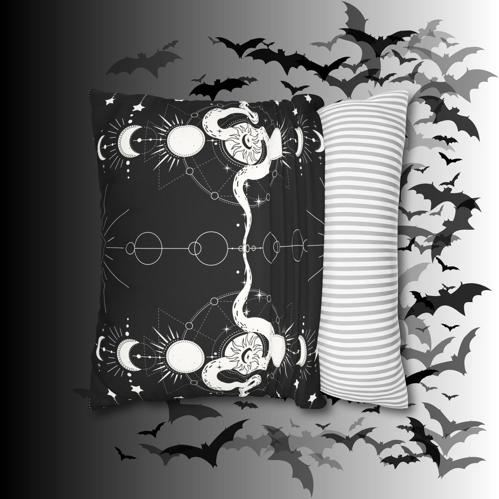 Celestial Snake Moon Phases Throw Pillow — Witchy Gothic Dark Home Decor