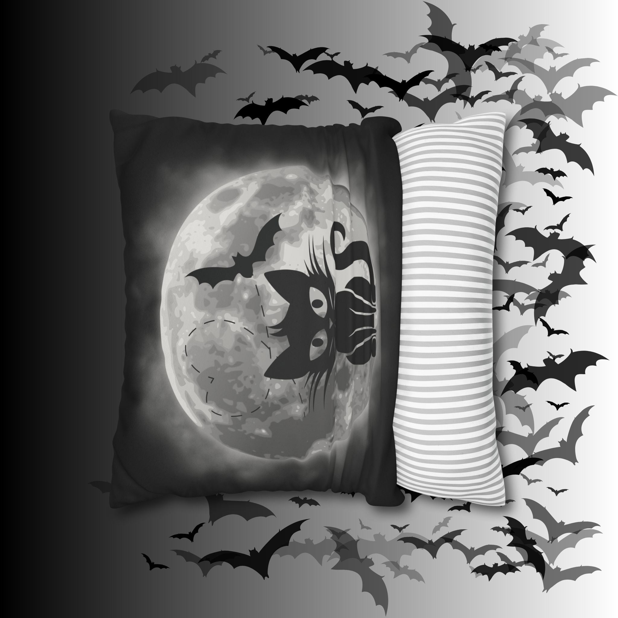Gothic Black Cat Full Moon Throw Pillow — Bat Dark Home Decor