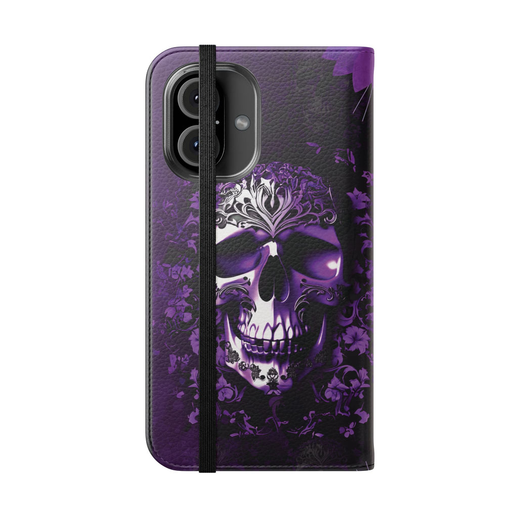Purple Pastel Goth Skull Flip Wallet Phone Case - Skull Wallet Case for Samsung iPhone - Gothic Style Skull Wallet Phone Cases