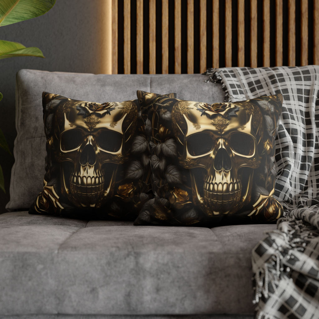 Gothic Gold Black Rose Skull Throw Pillow — Dark Floral Botanical Home Decor