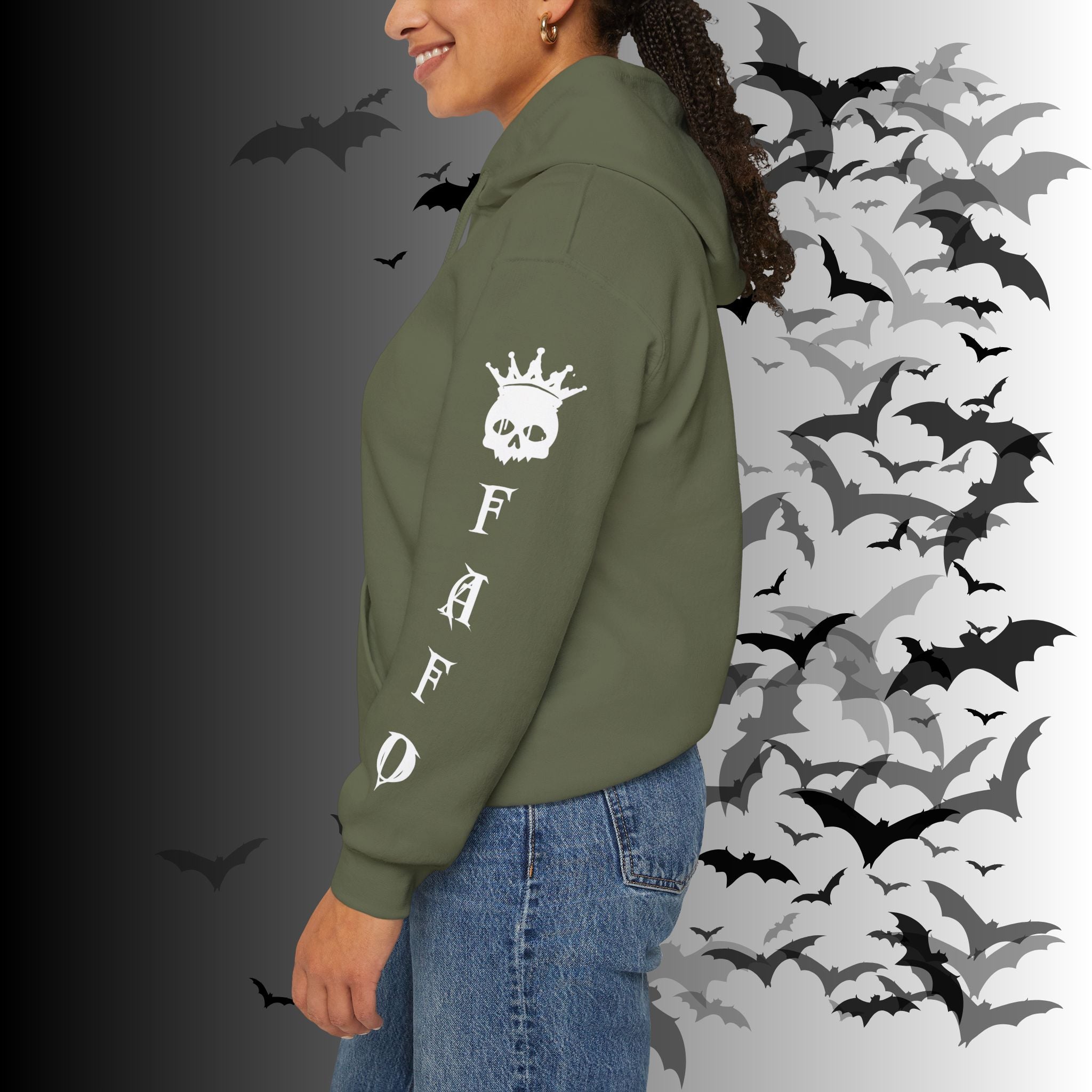 I Identify As a Threat Hoodie — Gothic Skull Sleeve Print FAFO Black