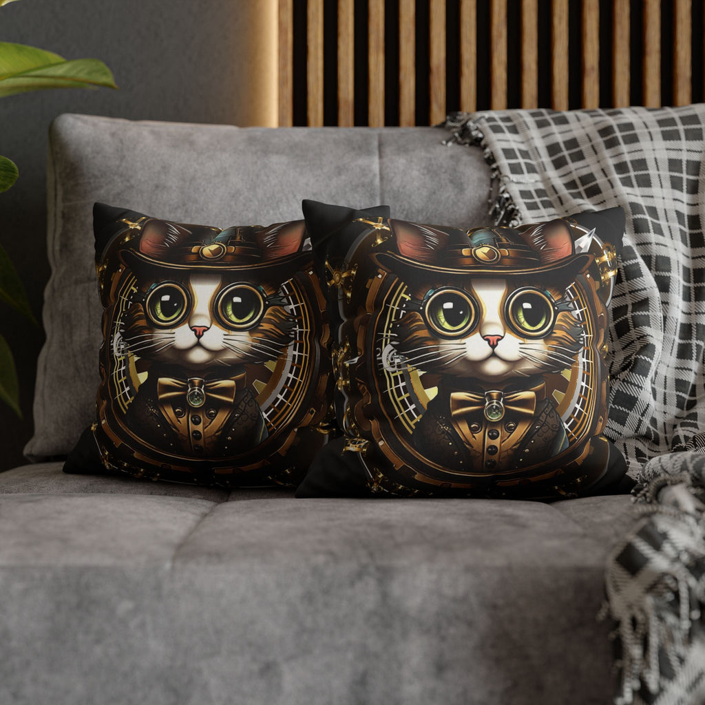 Steampunk Cat Throw Pillow — Vintage Industrial Gothic Home Decor