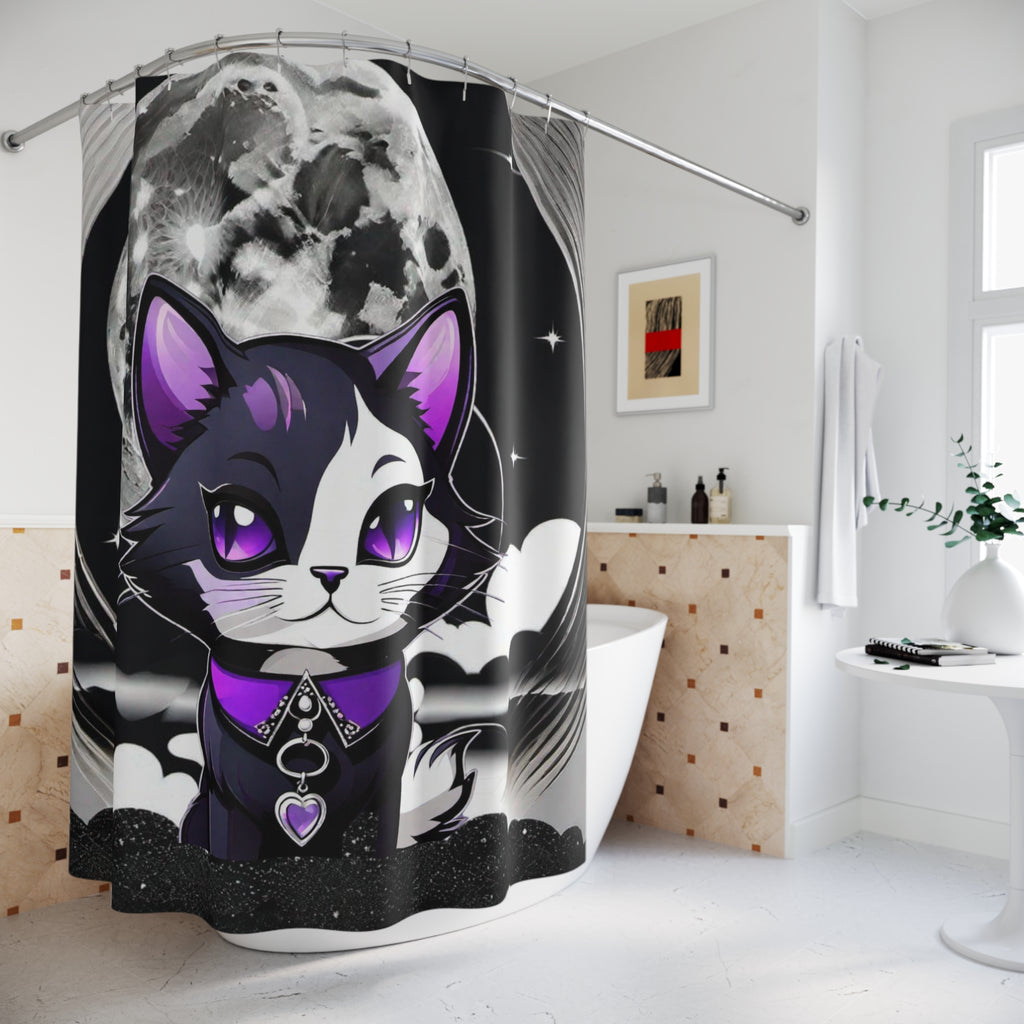 Pastel Goth Black Cat Full Moon Shower Curtain — Witchy Bathroom Decor