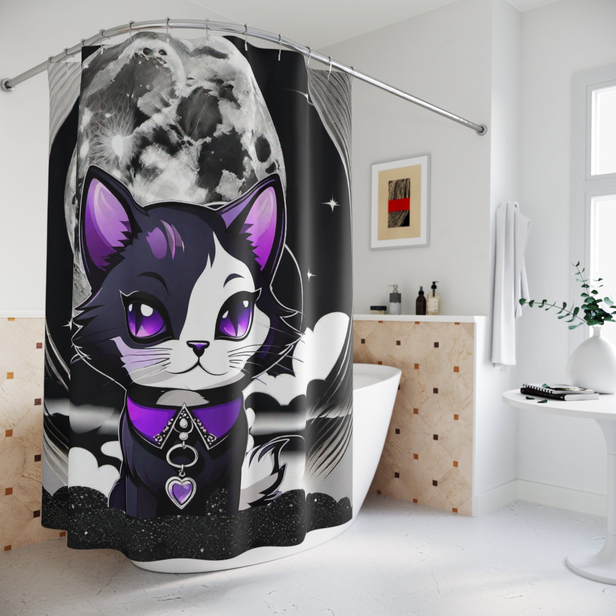 Pastel Goth Black Cat Full Moon Shower Curtain — Witchy Bathroom Decor