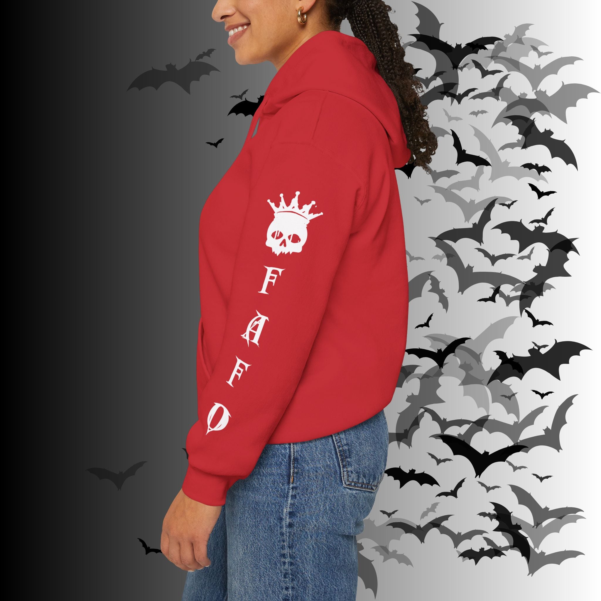 I Identify As a Threat Hoodie — Gothic Skull Sleeve Print FAFO Black