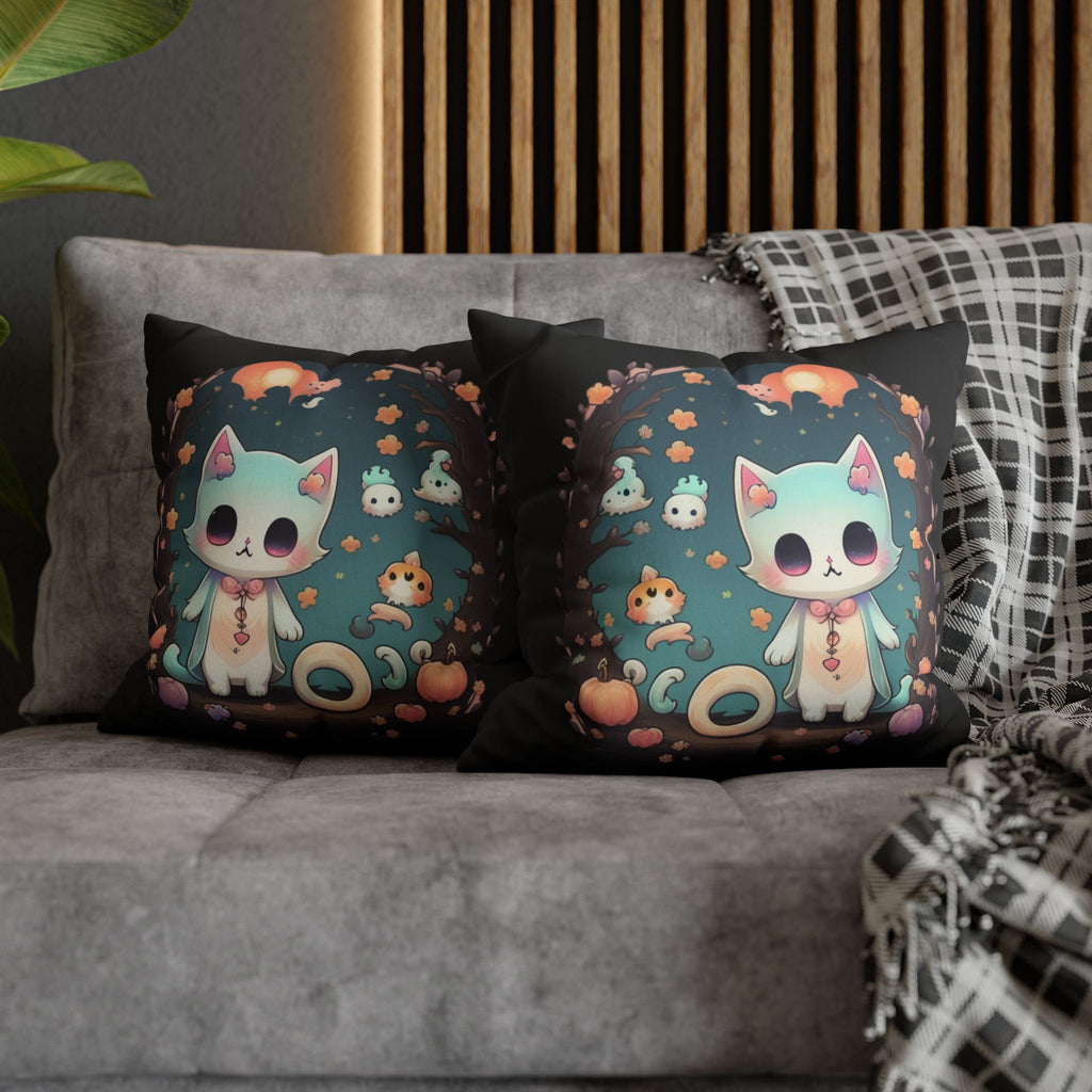 Creepy Cute Pastel Goth Cat Throw Pillow — Kawaii Halloween Dark Home Decor