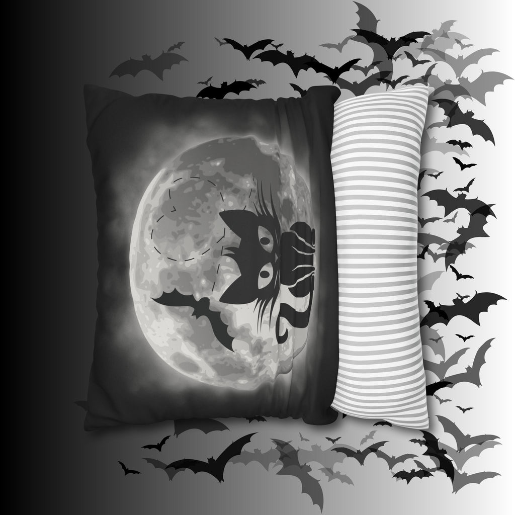 Gothic Black Cat Full Moon Throw Pillow — Bat Dark Home Decor
