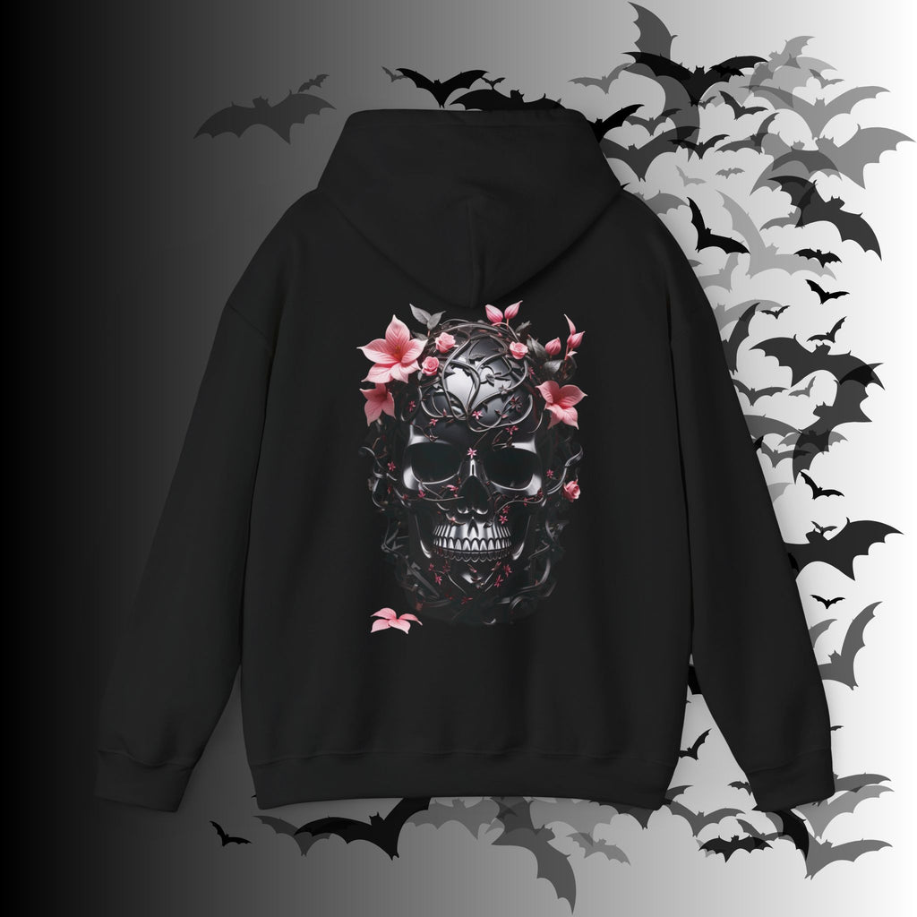 Gothic Floral Skull Hoodie — Black Ornate Skull Pink Flower Back Print Pullover