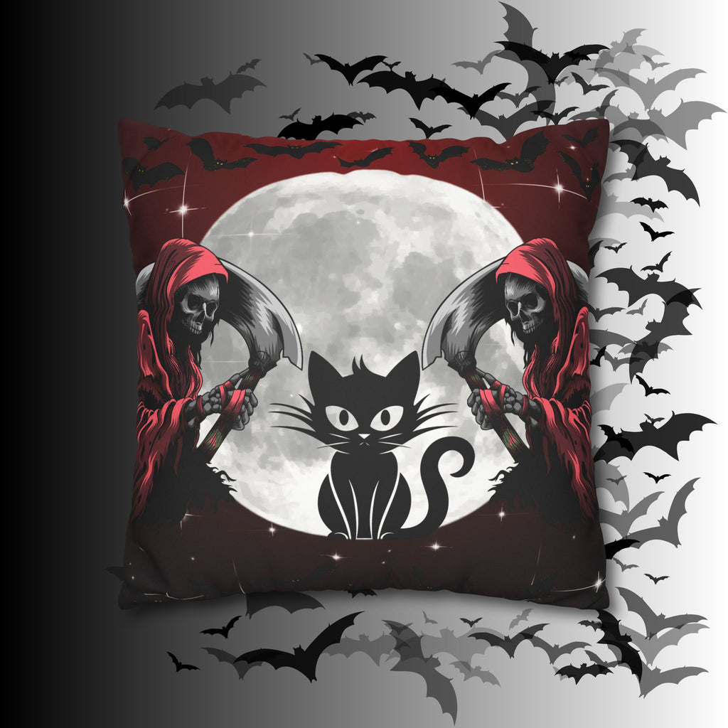 Gothic Black Cat Grim Reaper Throw Pillow — Moonlit Dark Home Decor