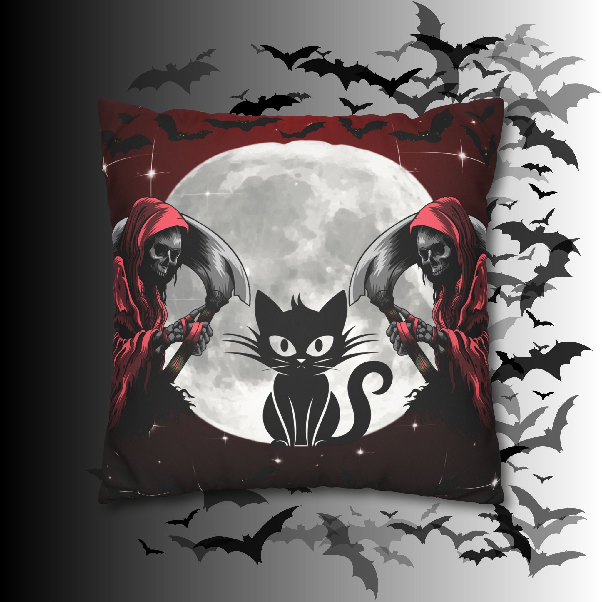 Gothic Black Cat Grim Reaper Throw Pillow — Moonlit Dark Home Decor