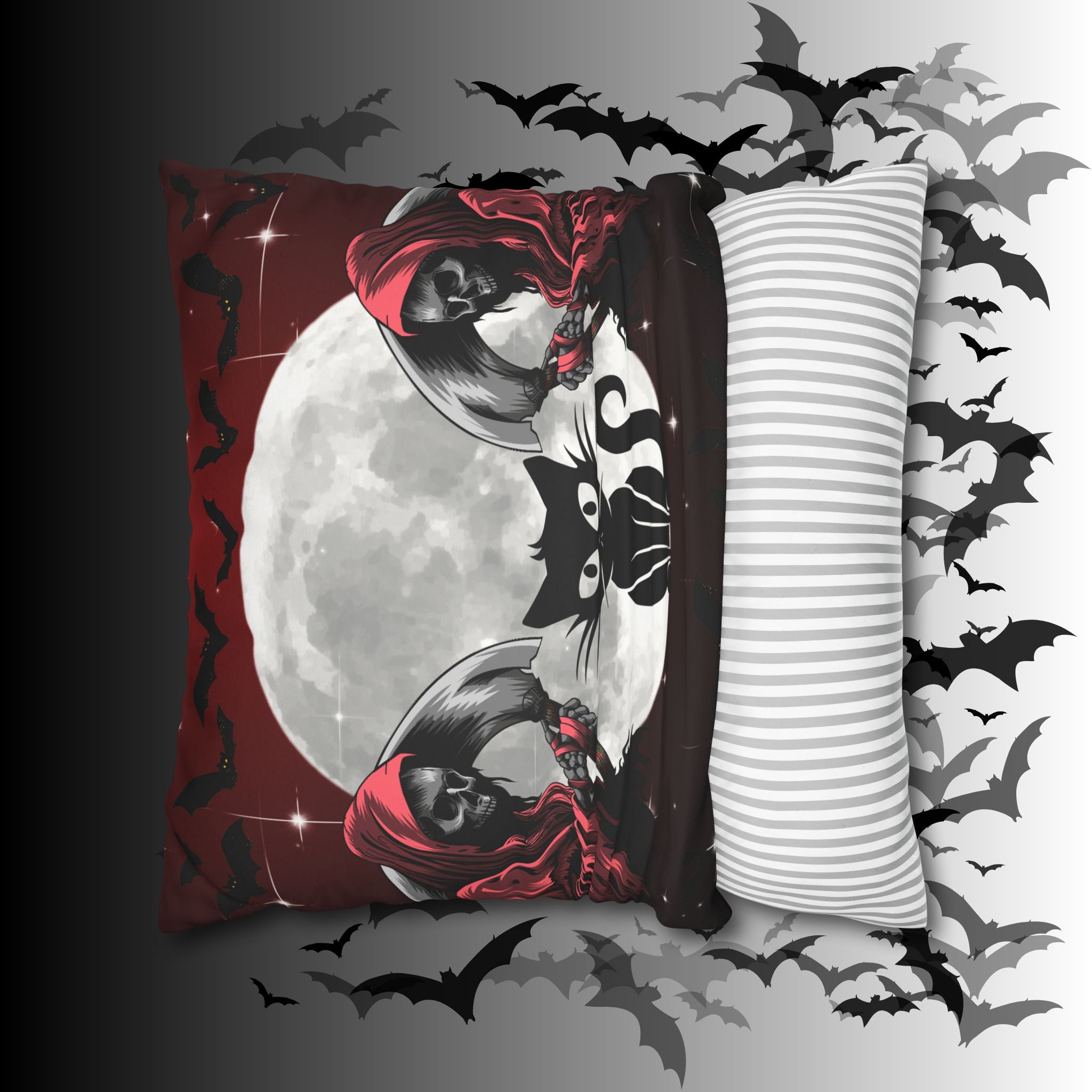Gothic Black Cat Grim Reaper Throw Pillow — Moonlit Dark Home Decor