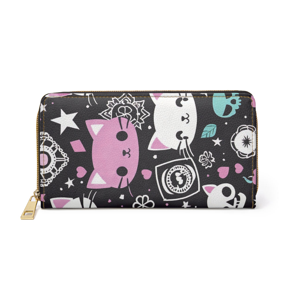 Pastel Goth Kawaii Cat Wallet | Pink & Black Faux Leather Zipper Clutch