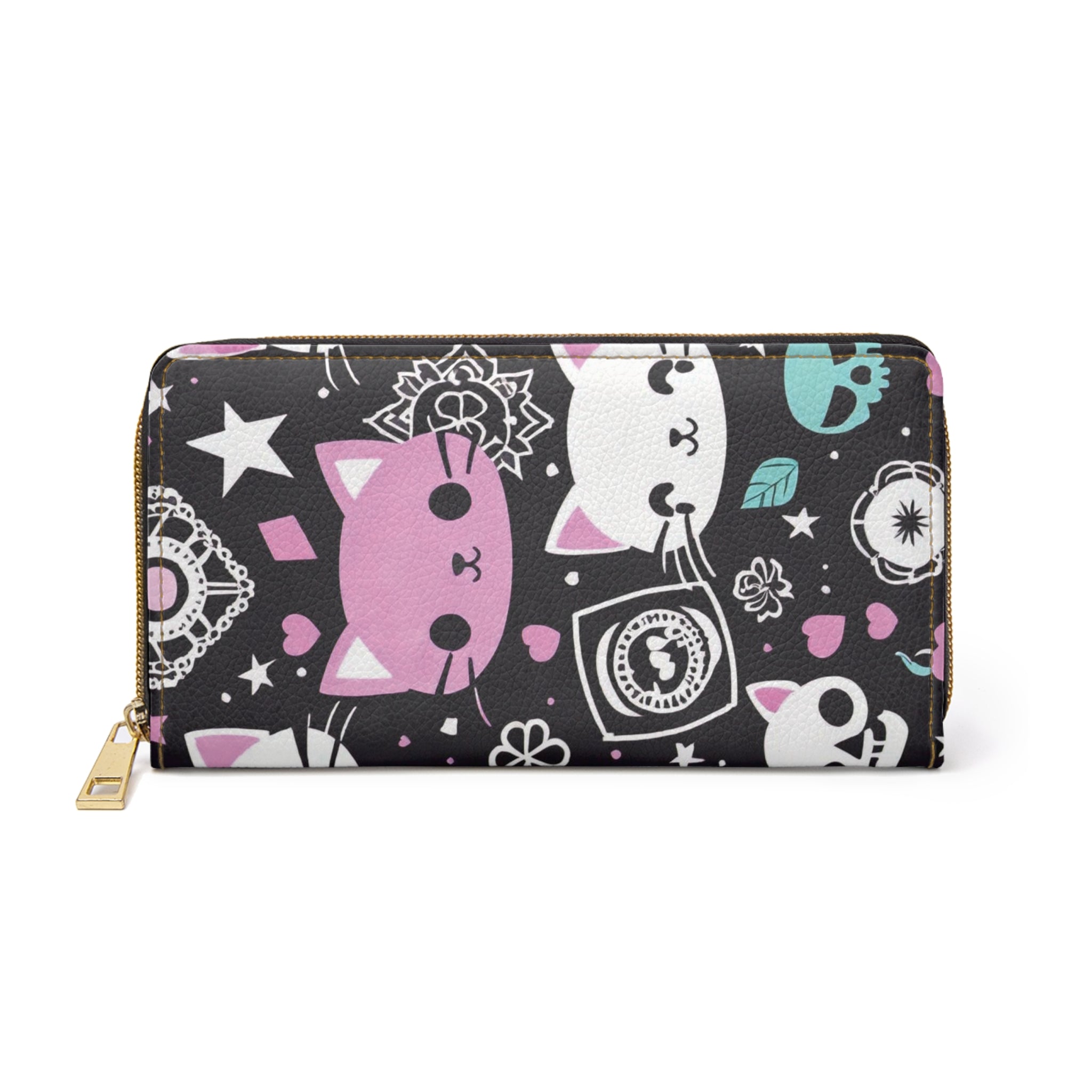 Pastel Goth Kawaii Cat Wallet | Pink & Black Faux Leather Zipper Clutch