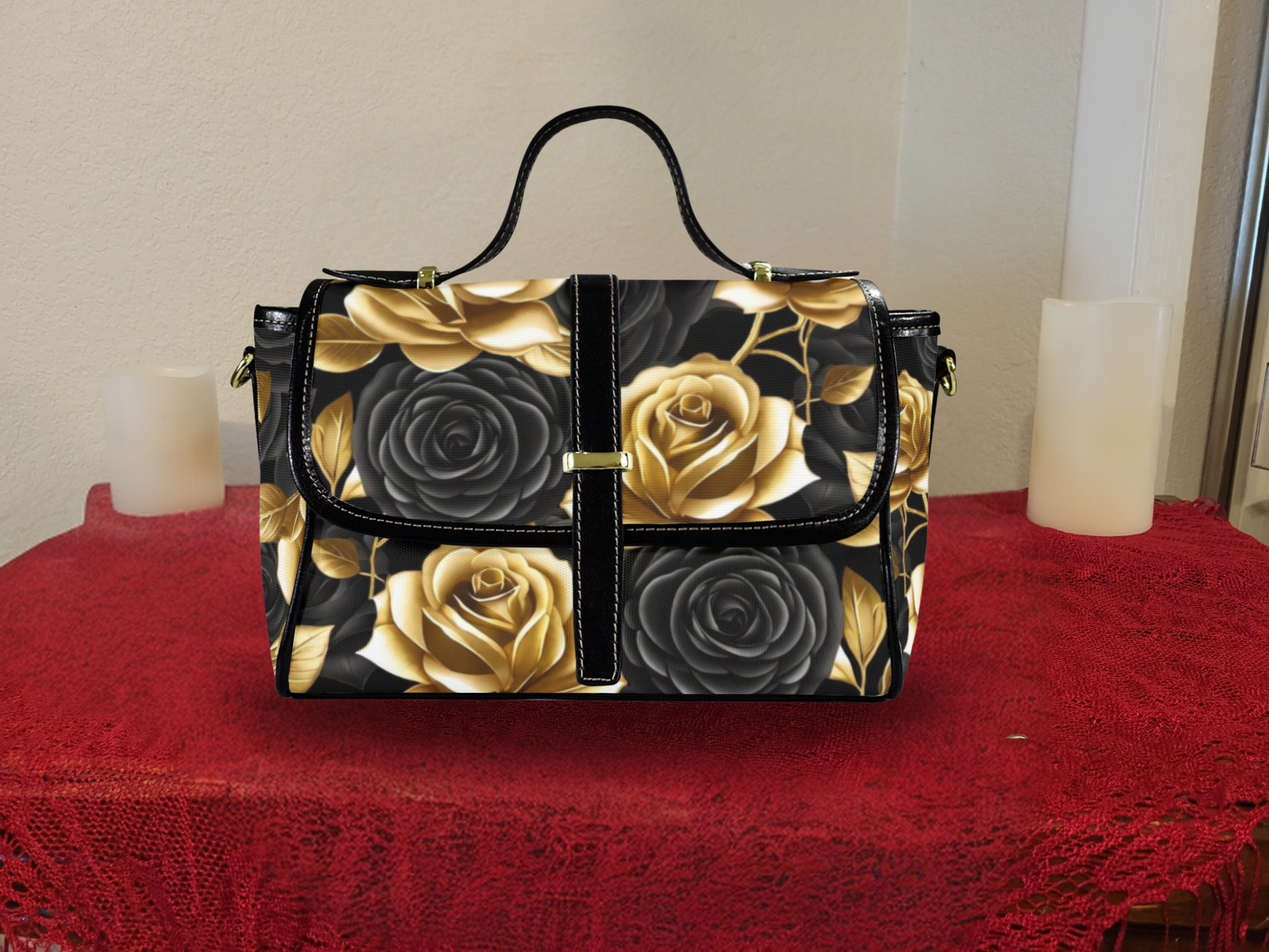 Gold and Black Rose Crossbody Satchel Bag — Waterproof Canvas Shoulder Bag