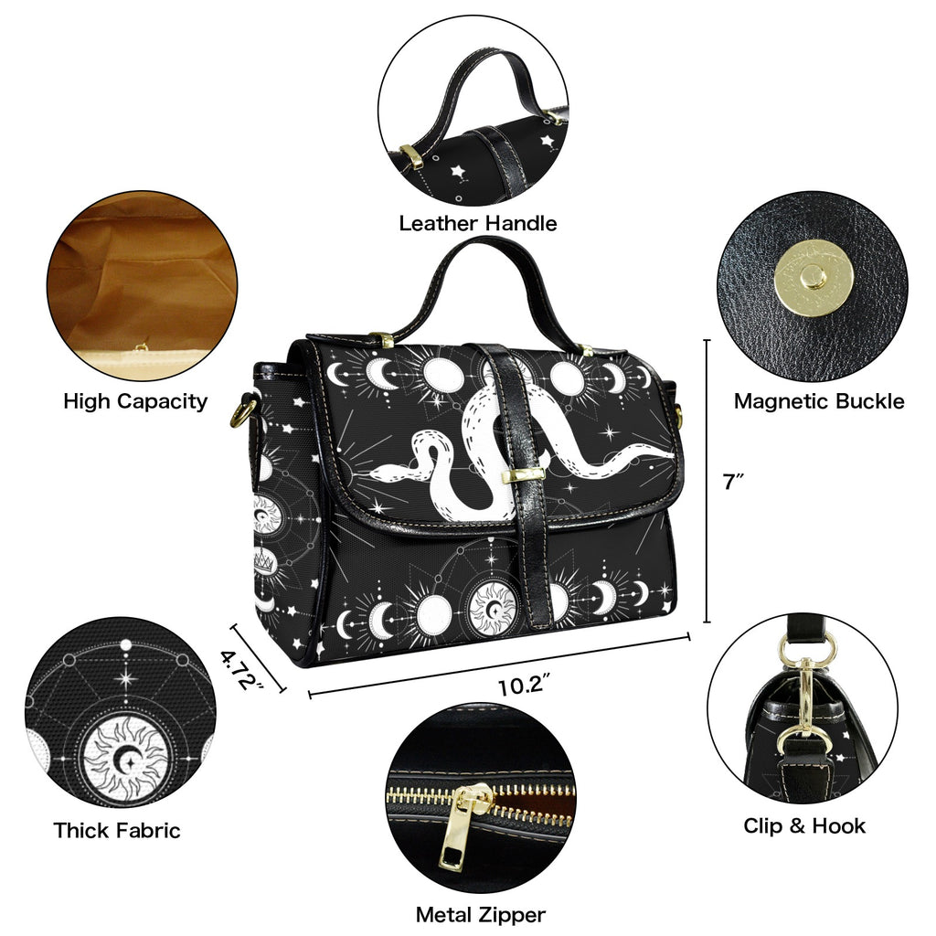 Celestial Snake Moon Phase Crossbody Bag | Witchy Waterproof Canvas Satchel Purse