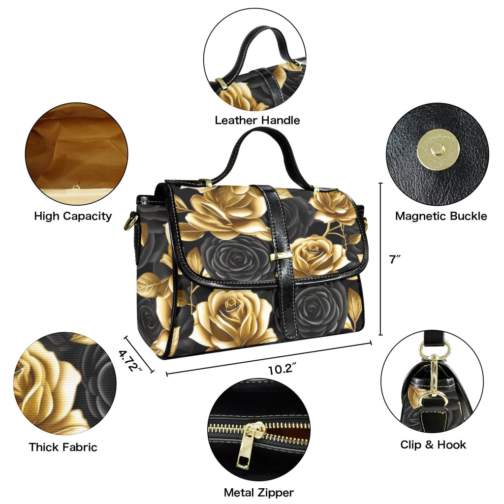 Gold and Black Rose Crossbody Satchel Bag — Waterproof Canvas Shoulder Bag