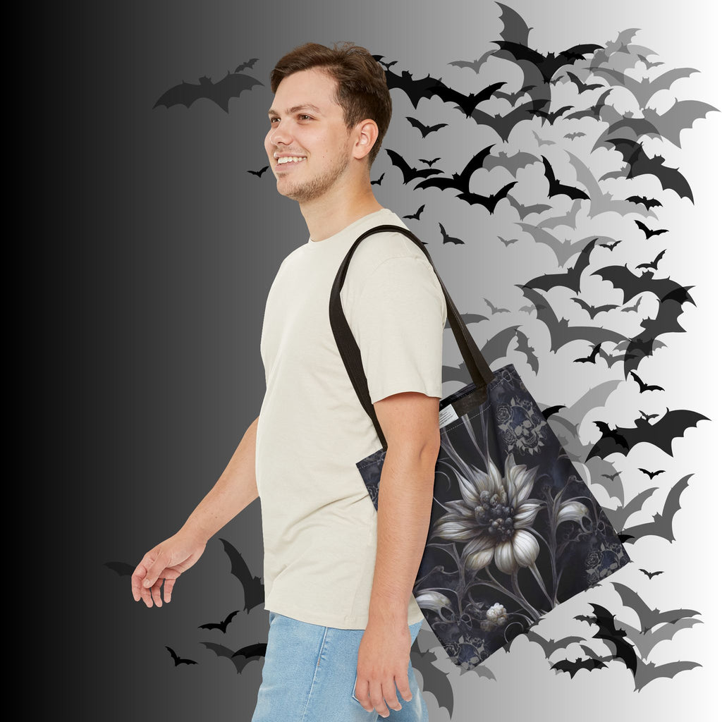 Gothic Botanical Skull Tote Bag — Dark Floral All-Over Print