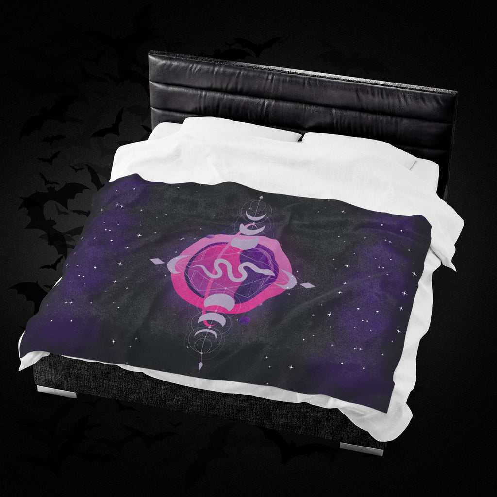 Pastel Goth Celestial Snake Moon Phase Throw Blanket — Pink & Purple Witchy Decor
