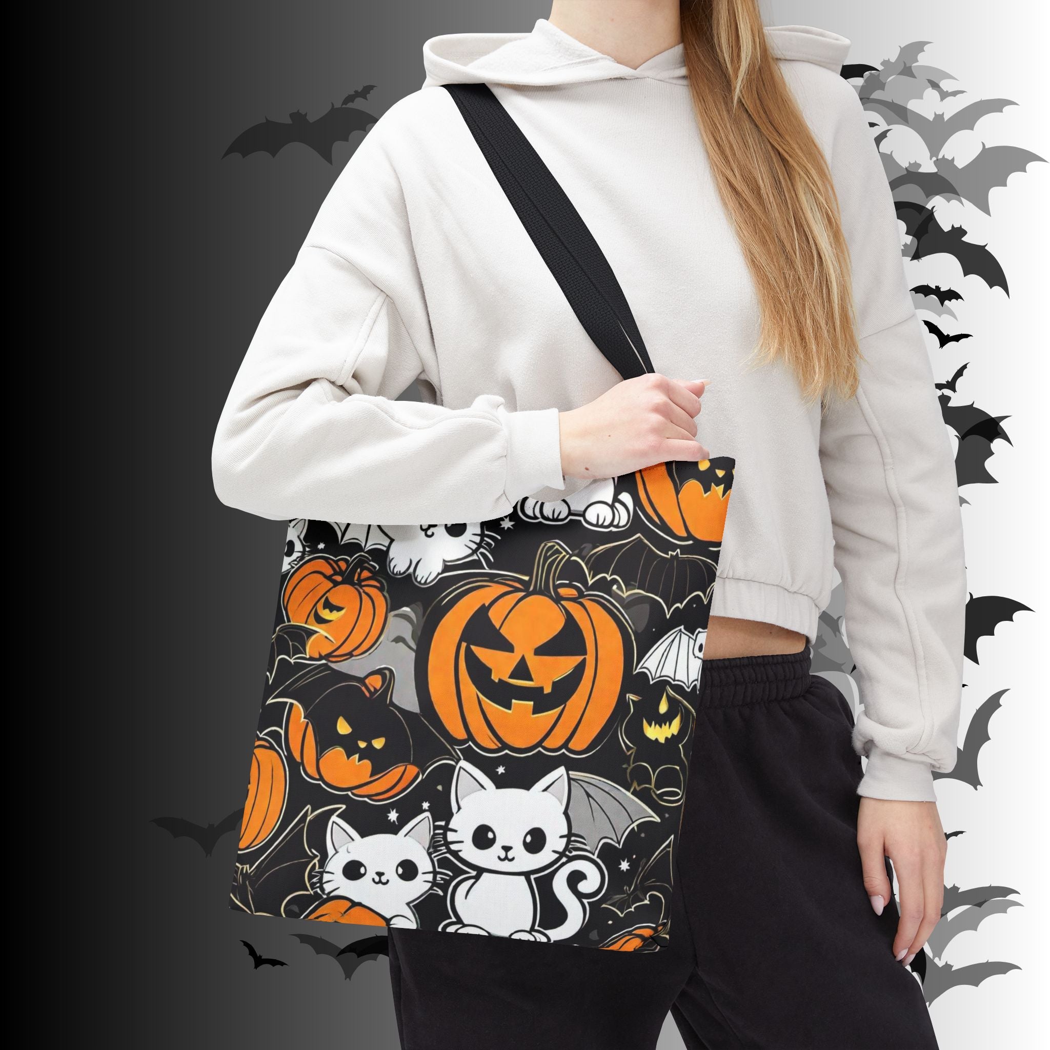 Kawaii Bat Cat Halloween Tote Bag — Dark Pumpkin Pattern